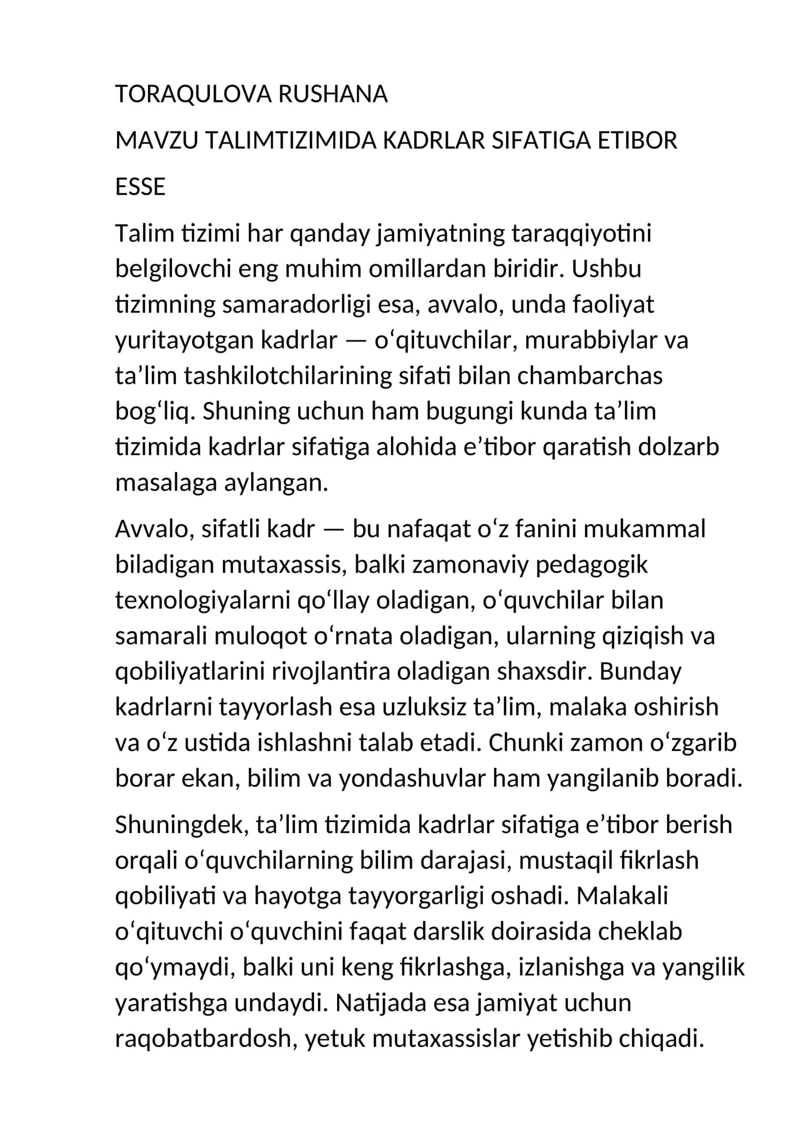 TALIMTIZIMIDA KADRLAR SIFATIGA ETIBOR