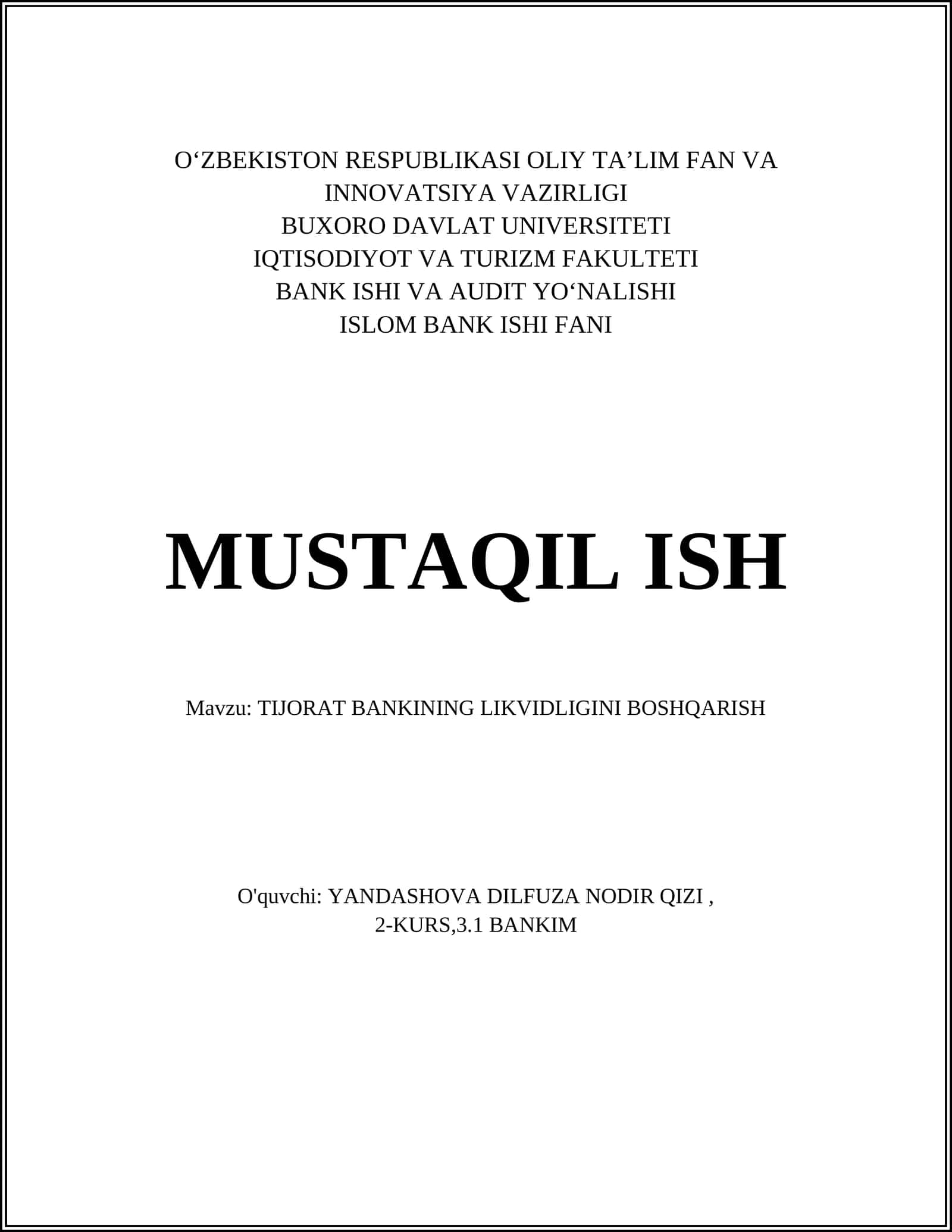 TIJORAT BANKINING LIKVIDLIGINI BOSHQARISH