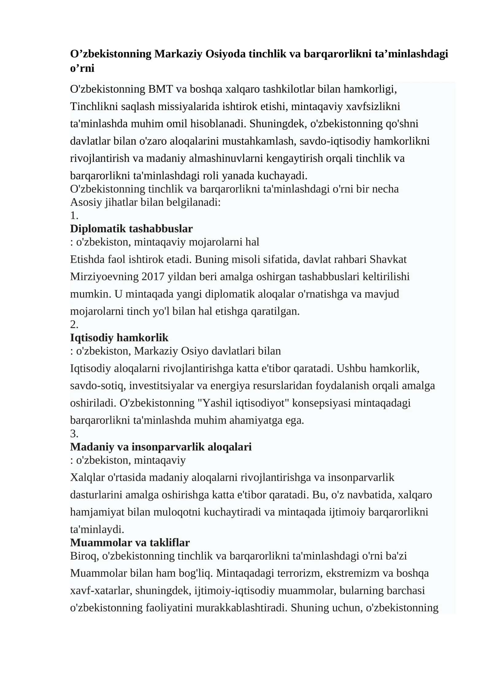 O’zbekistonning Markaziy Osiyoda tinchlik va barqarorlikni ta’minlashdagi o’rni