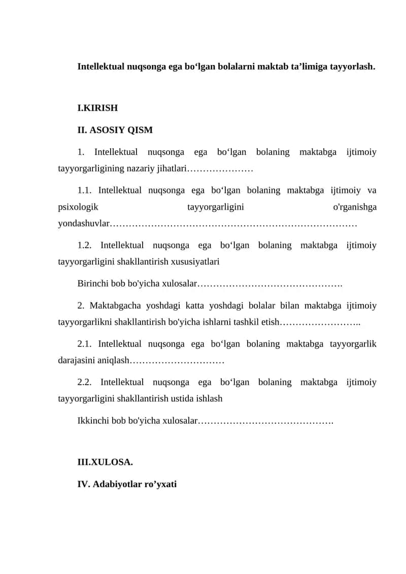 Intellektual nuqsonga ega boʻlgan bolalarni maktab taʼlimiga tayyorlash
