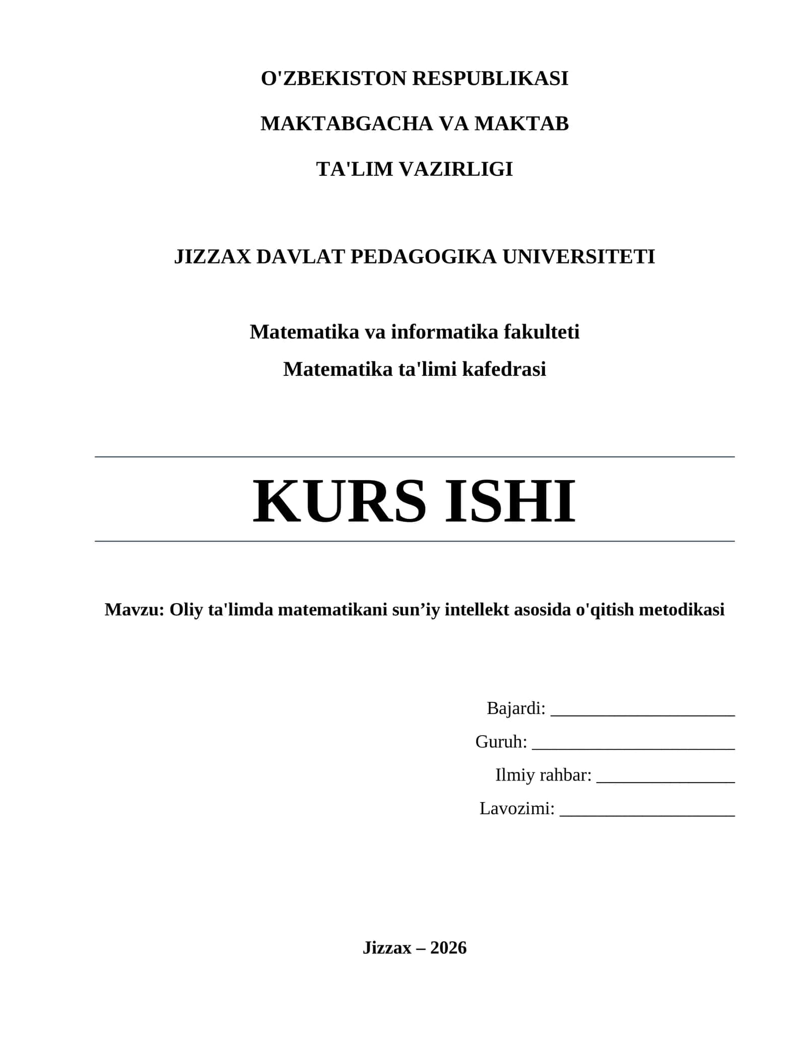 Oliy ta'limda matematikani sun’iy intellekt asosida o'qitish metodikasi