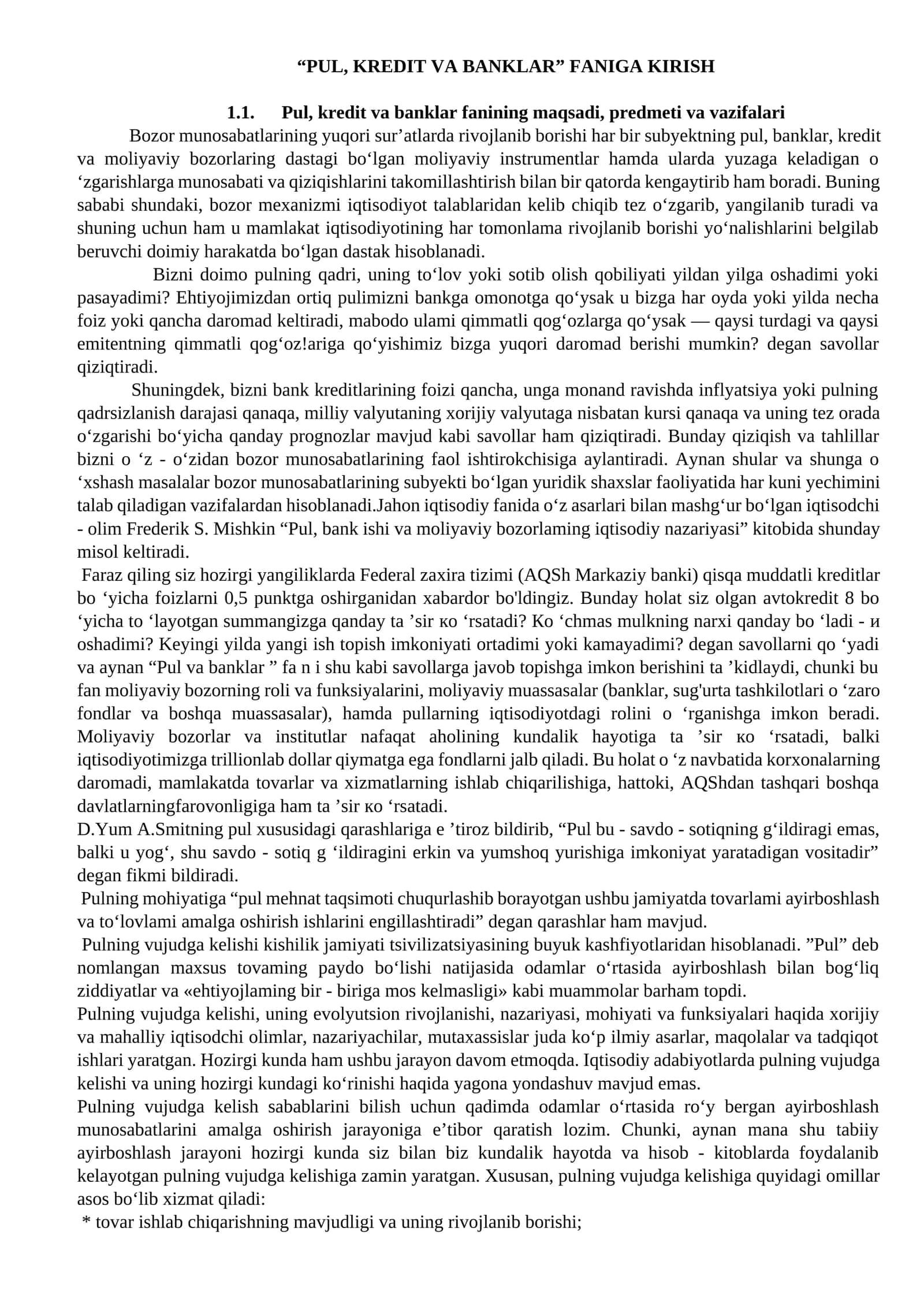 PUL, KREDIT VA BANKLAR FANIGA