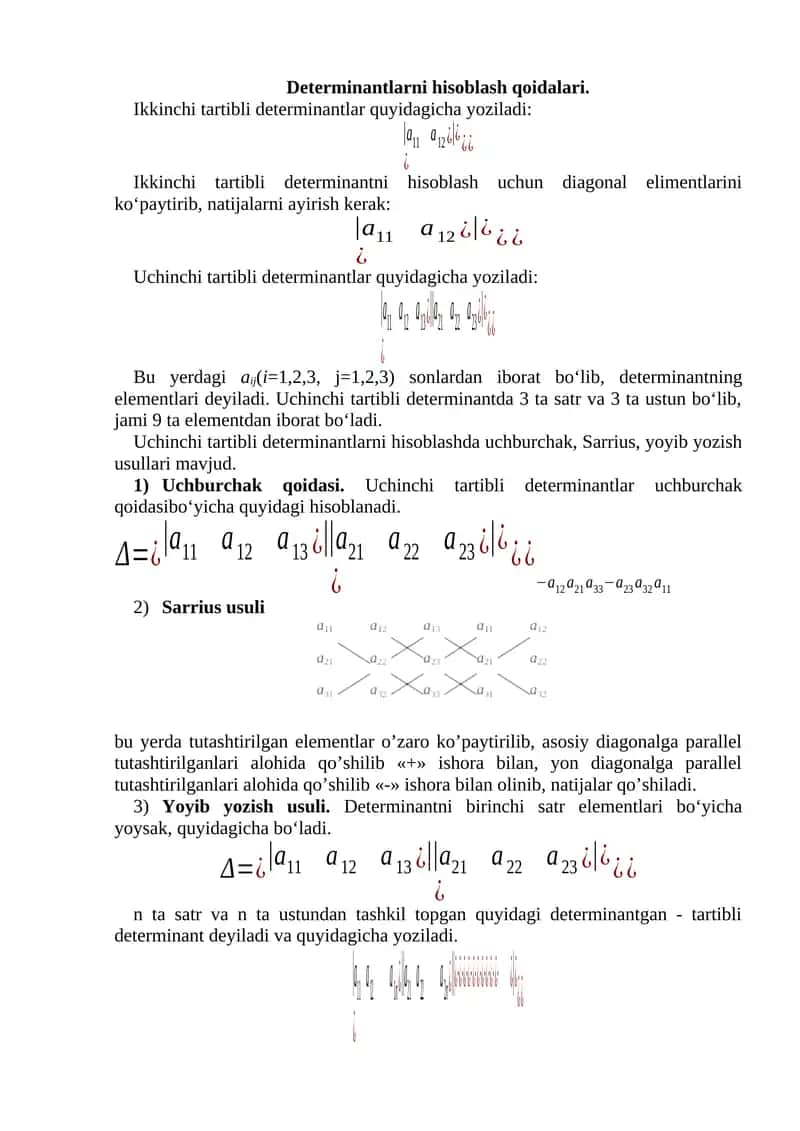 Determinantlarni hisoblash qoidalari