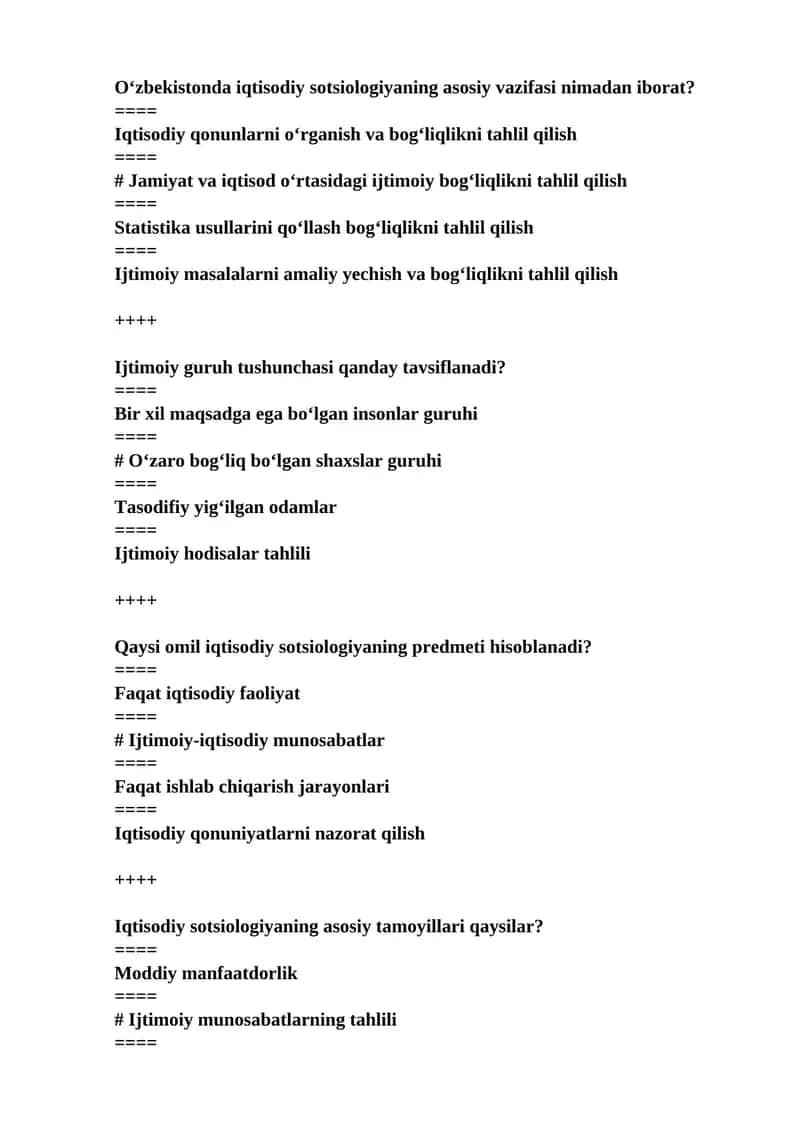 Iqtisodiy sotsiologiya fanidan yakuniy test savollari javoblari bilan