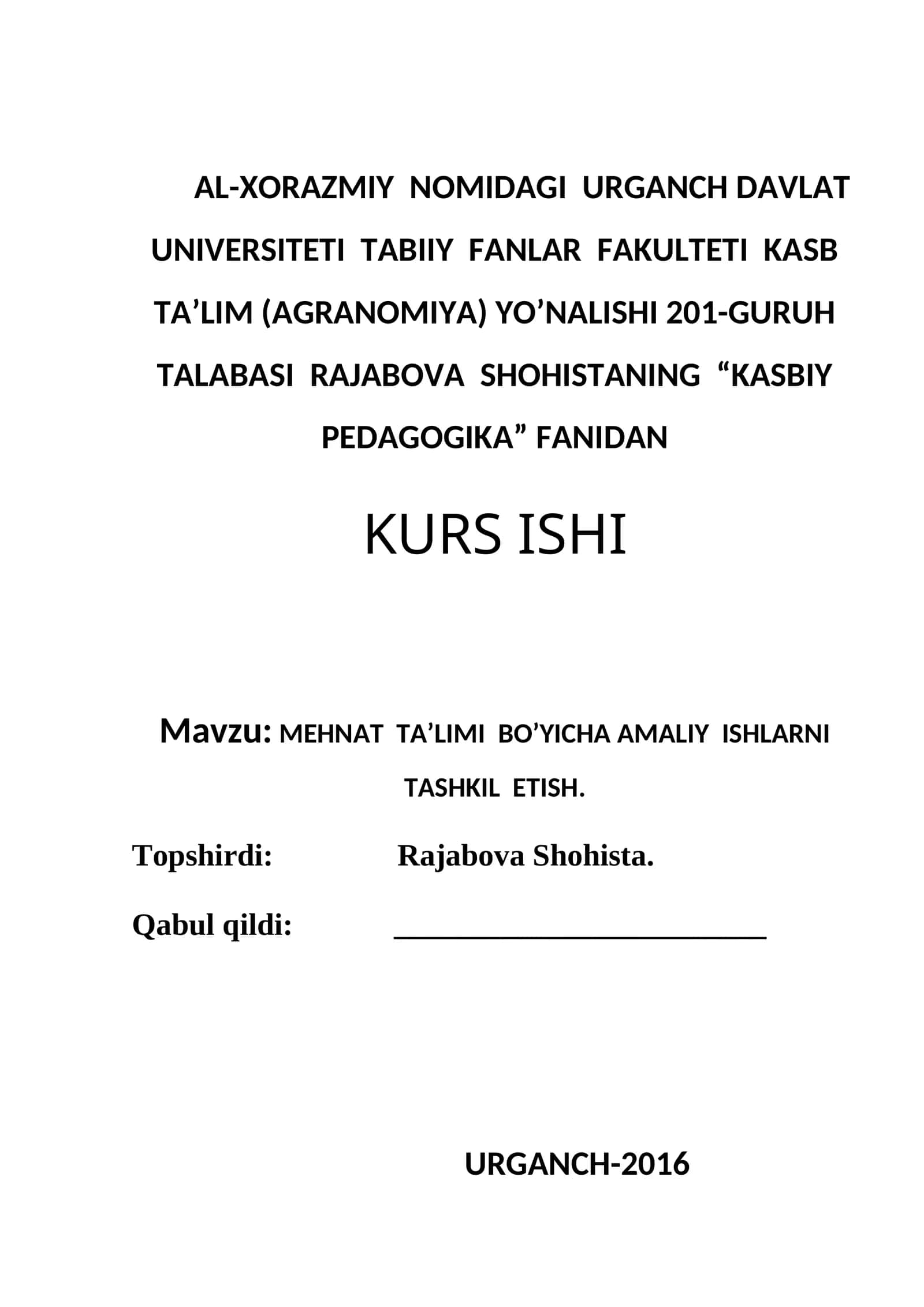 МEHNAT TA’LIMI BO’YICHA AMALIY ISHLARNI TASHKIL ETISH