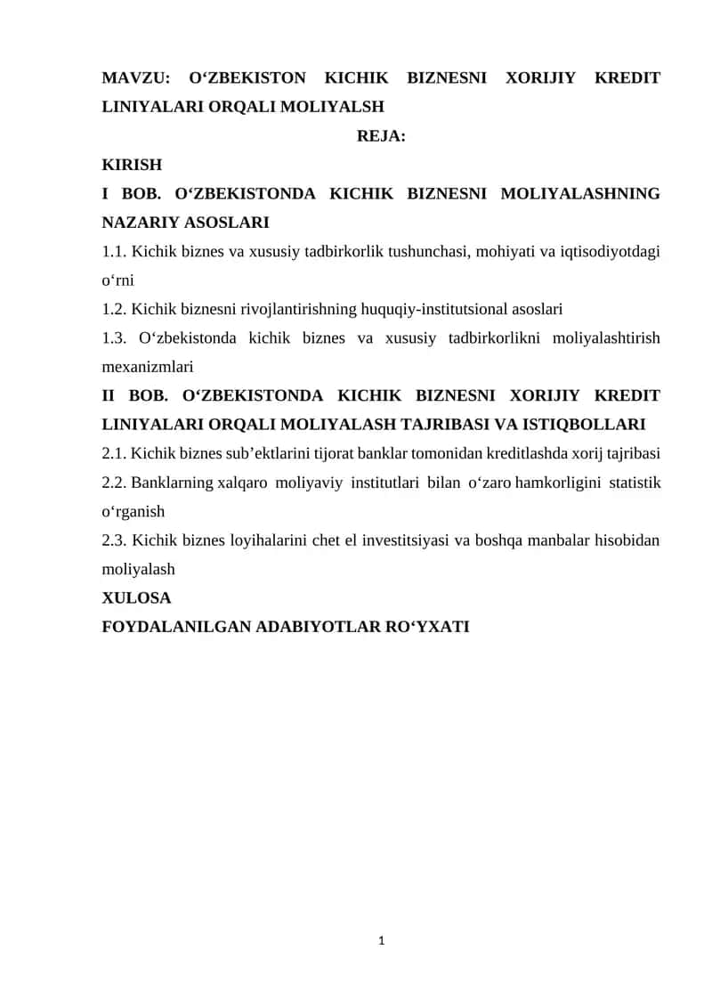 O‘ZBEKISTON KICHIK BIZNESNI XORIJIY KREDIT LINIYALARI ORQALI MOLIYALASH