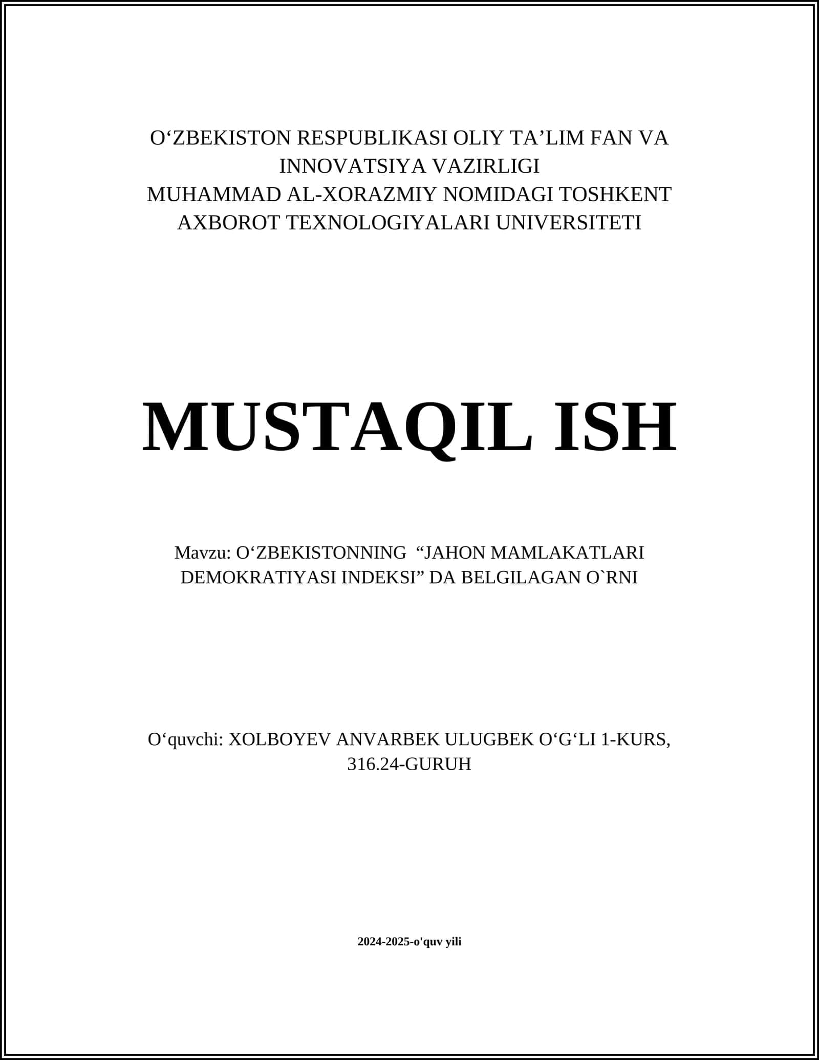 O‘ZBEKISTONNING “JAHON MAMLAKATLARI DEMOKRATIYASI INDEKSI” DA BELGILAGAN O`RNI