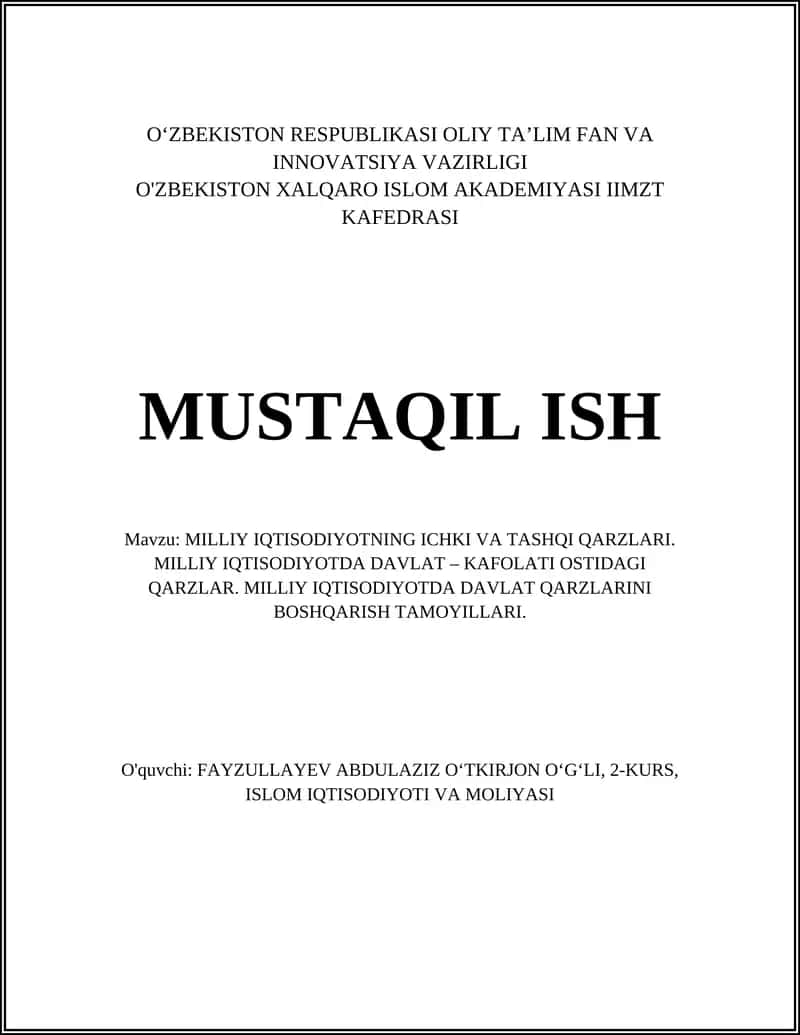 MILLIY IQTISODIYOTNING ICHKI VA TASHQI QARZLARI