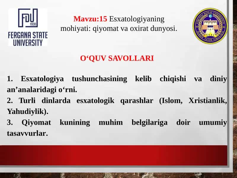 Esxatologiyaning mohiyati qiyomat va oxirat dunyosi