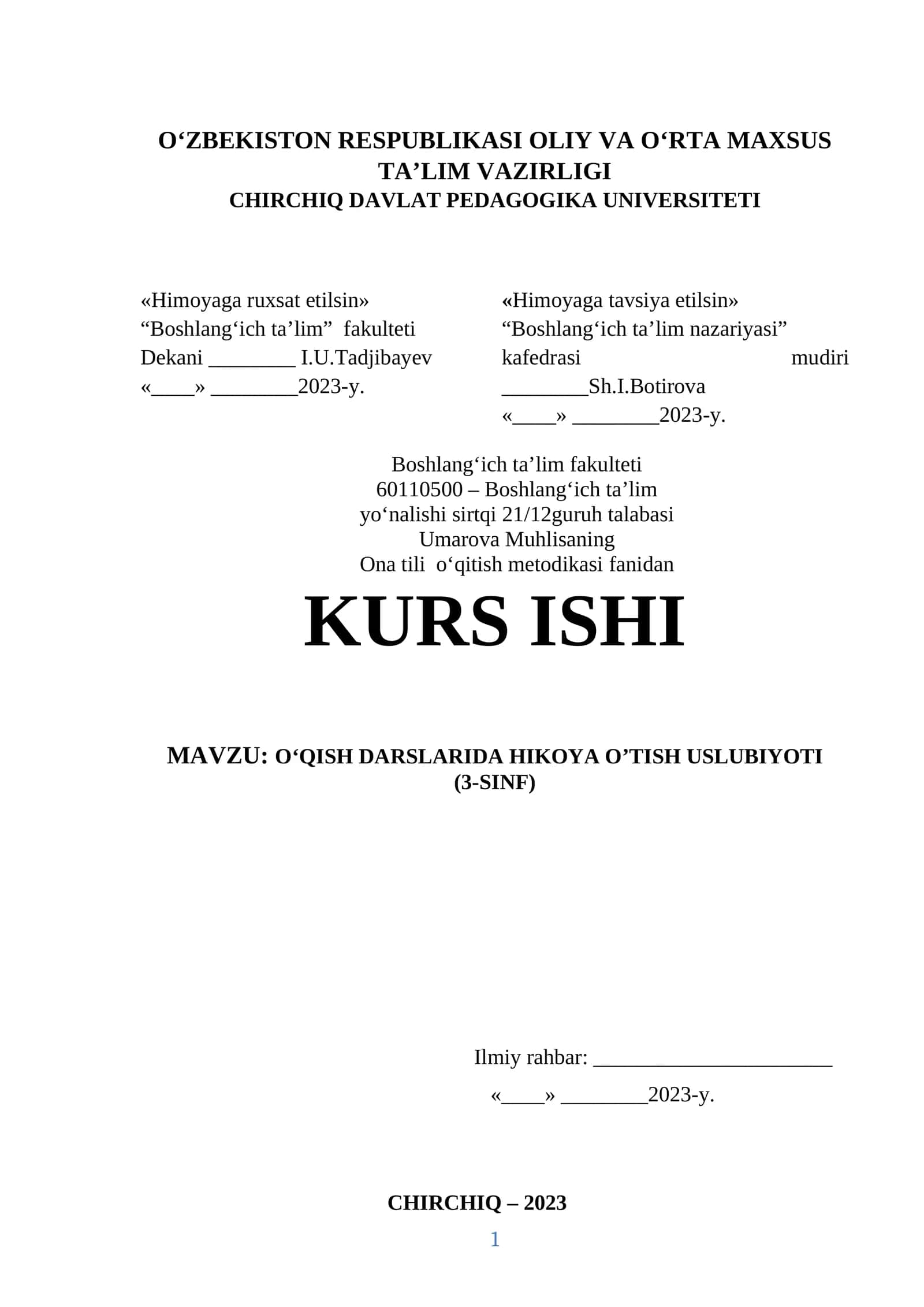 O‘QISH DARSLARIDA HIKOYA O’TISH USLUBIYOTI (3-SINF)
