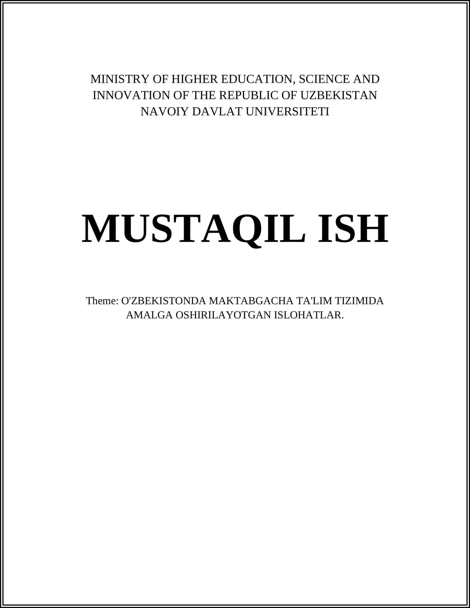 O'ZBEKISTONDA MAKTABGACHA TA'LIM TIZIMIDA AMALGA OSHIRILAYOTGAN ISLOHATLAR
