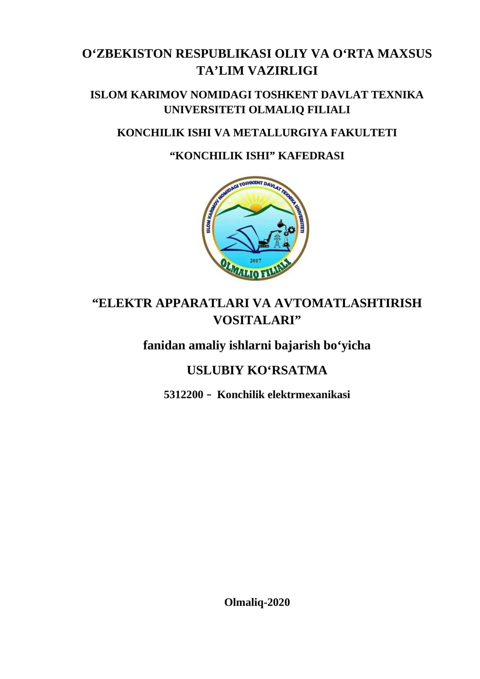 "Elektr apparatlari va avtomatlashtirish vositalari" fanidan amaliy ishlarni bajarish