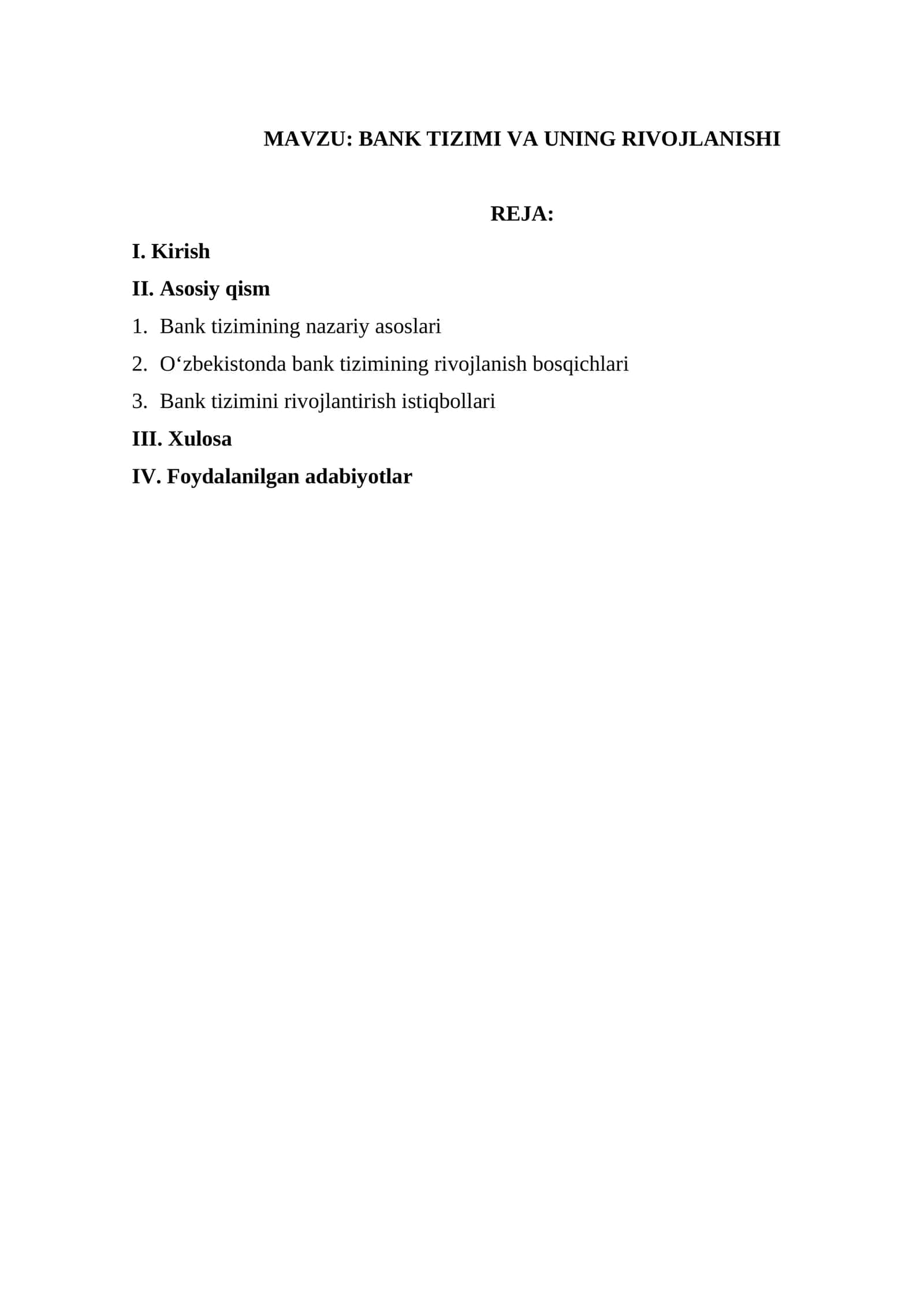 BANK TIZIMI VA UNING RIVOJLANISHI