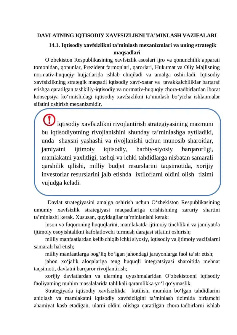 DAVLATNING IQTISODIY XAVFSIZLIKNI TA’MINLASH VAZIFALARI