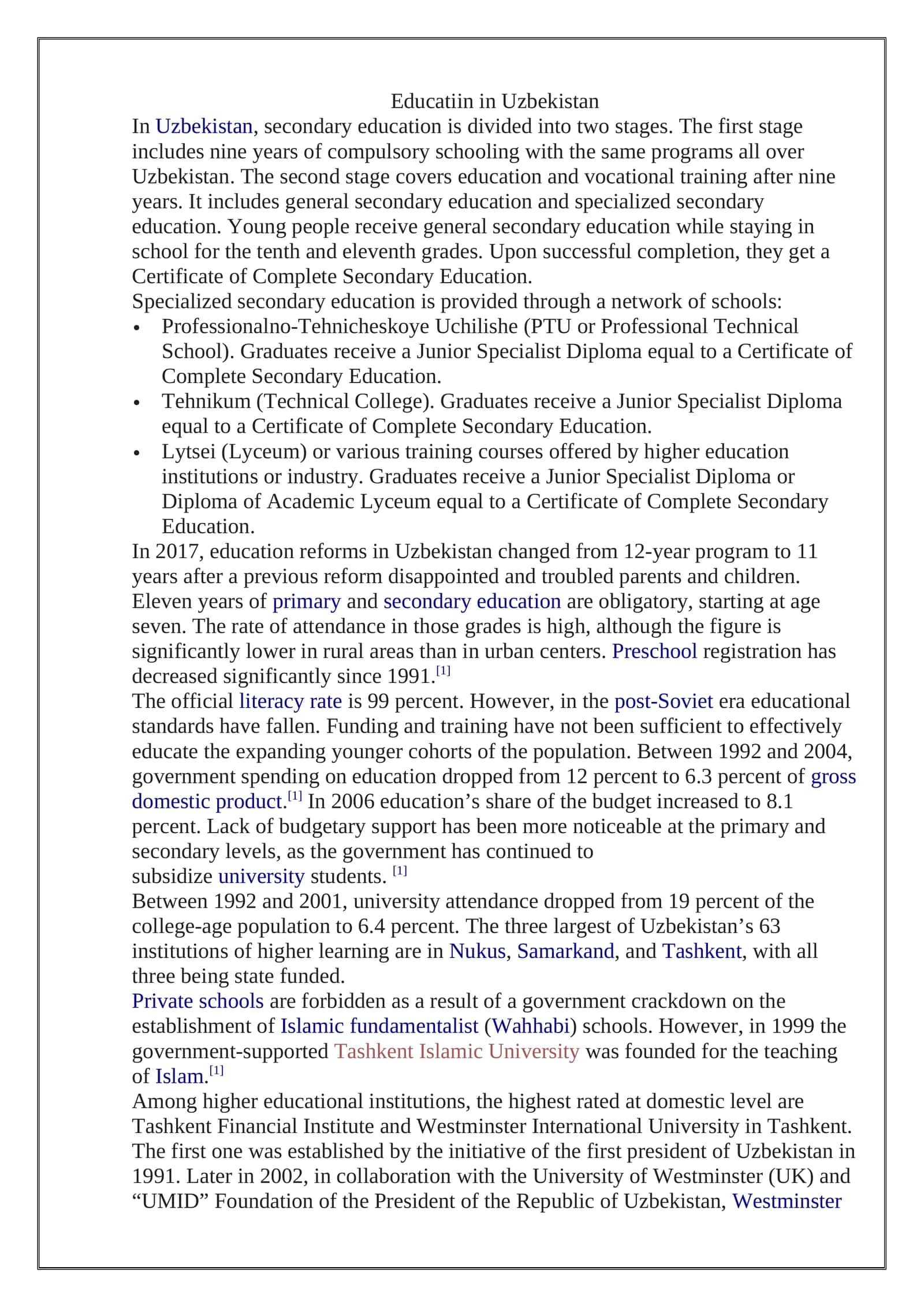 Education system in Uzbekistan