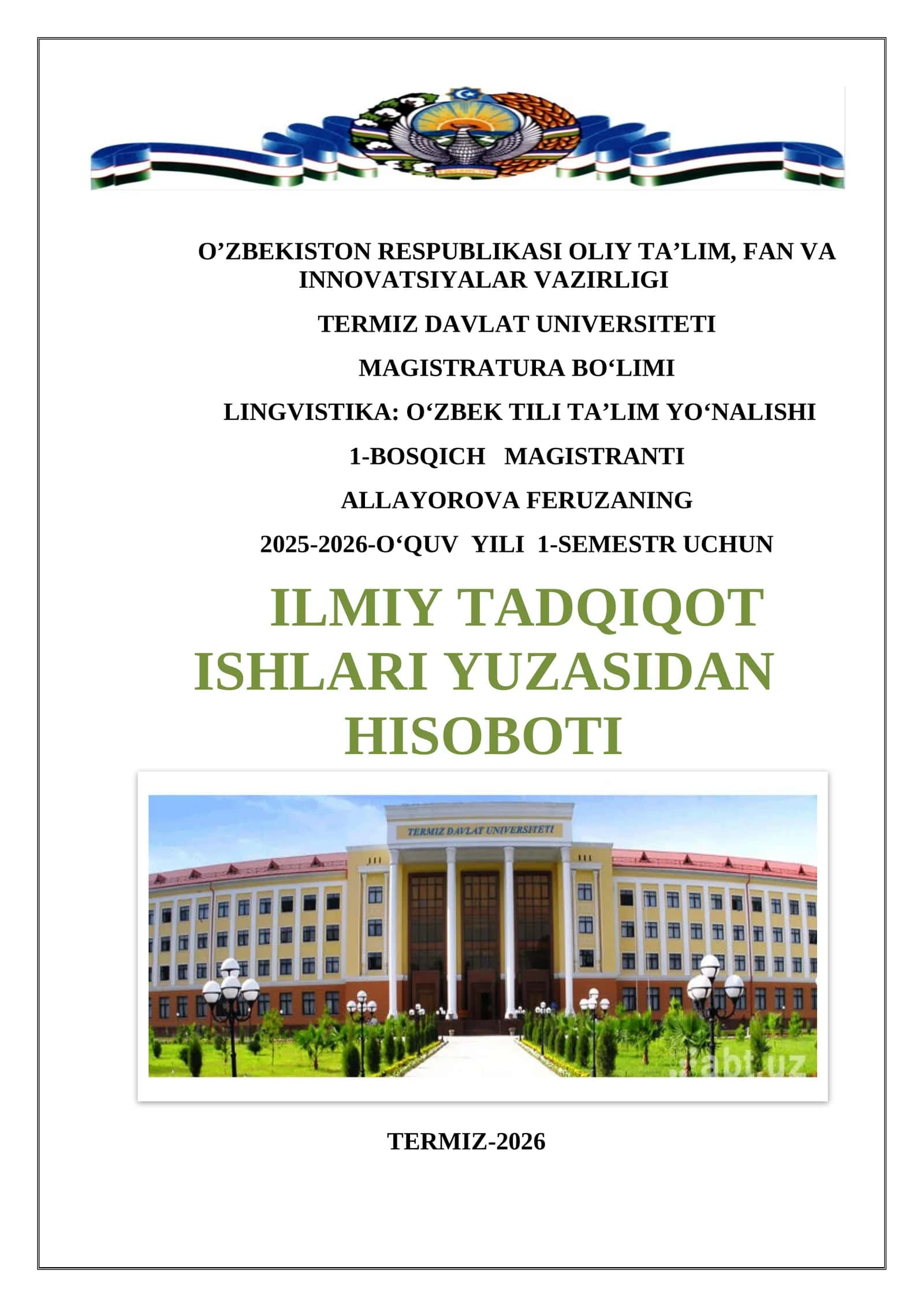 Magistratura 1-kurs talabasining 1-semestrdagi bajaradigan ilmiy tadqiqot ishlari jadvali
