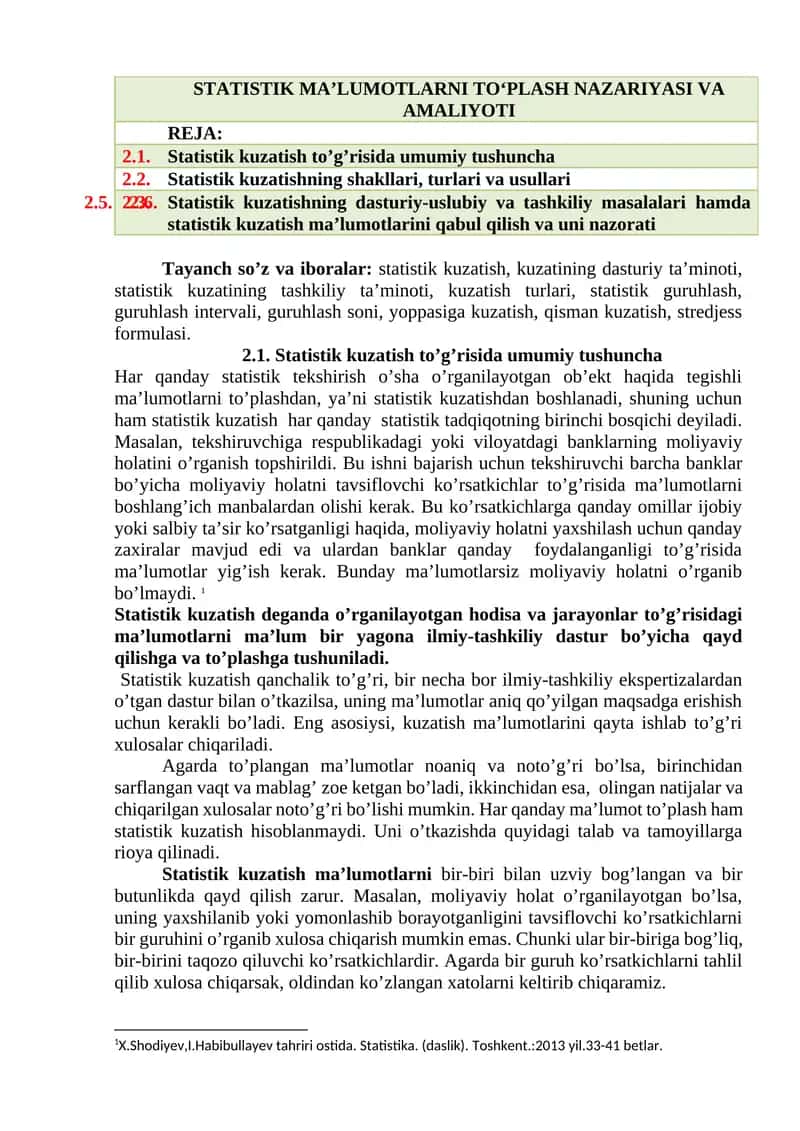 STATISTIK MA’LUMOTLARNI TO‘PLASH NAZARIYASI VA AMALIYOTI