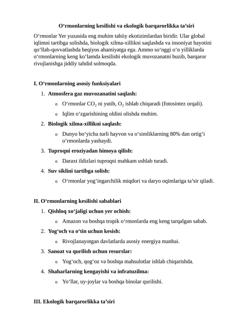 O‘rmonlarning kesilishi va ekologik barqarorlikka ta’siri