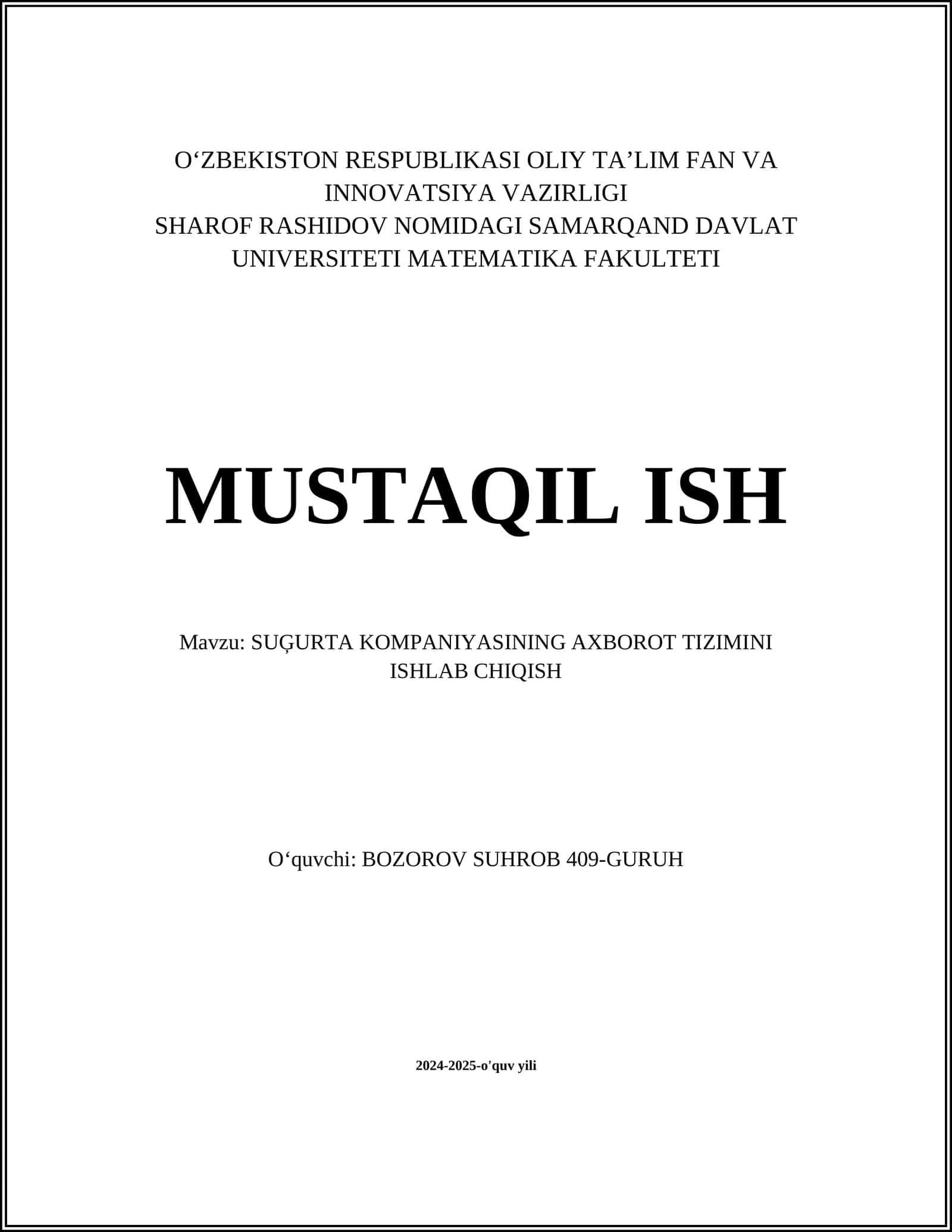 SUĢURTA KOMPANIYASINING AXBOROT TIZIMINI ISHLAB CHIQISH