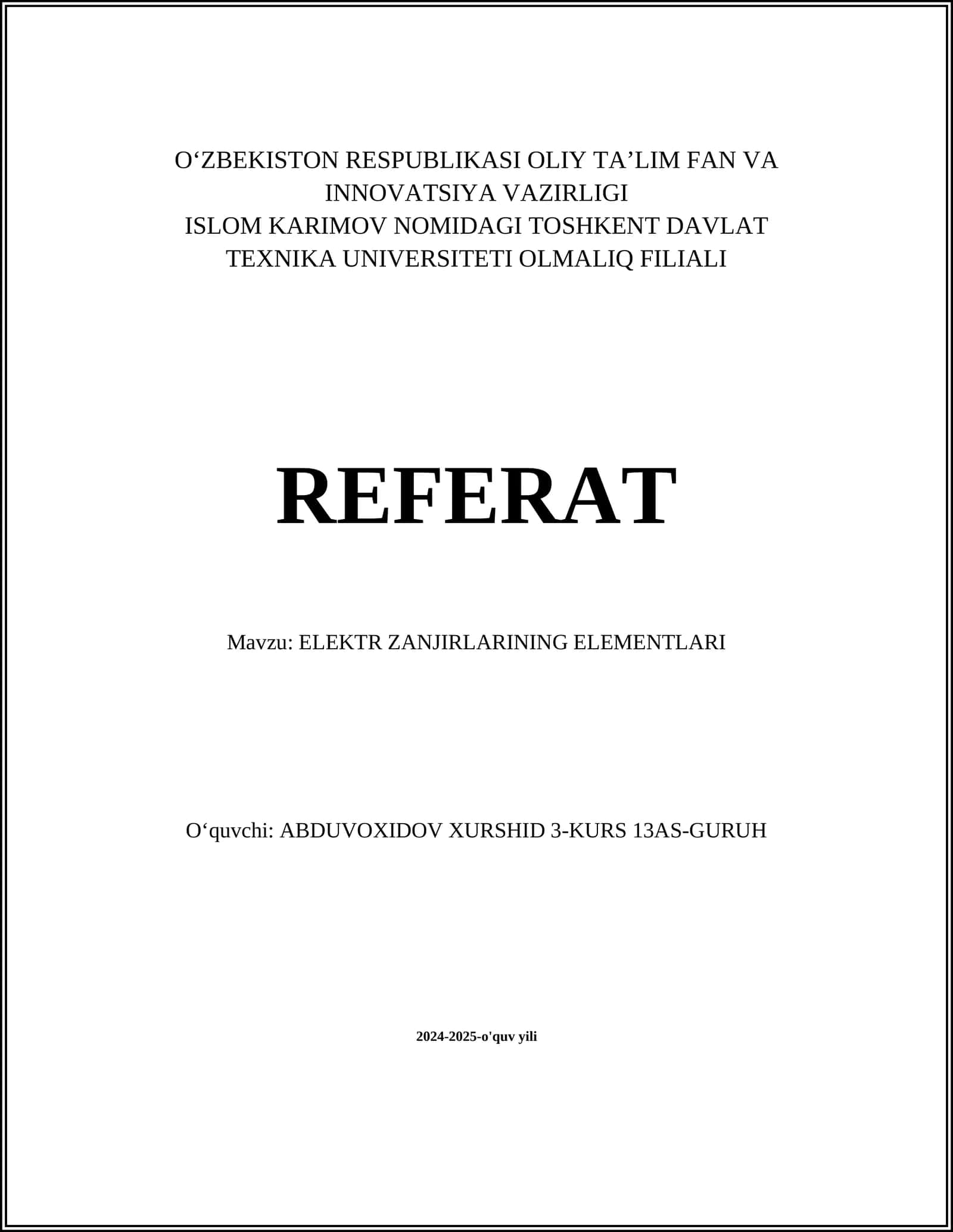 ELEKTR ZANJIRLARINING ELEMENTLARI
