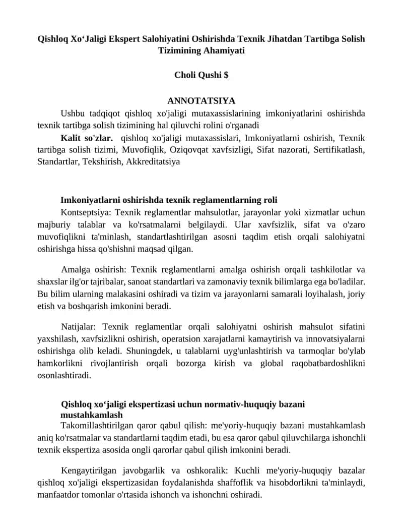 Qishloq XoʻJaligi Ekspert Salohiyatini Oshirishda Texnik Jihatdan Tartibga Solish Tizimining Ahamiyati