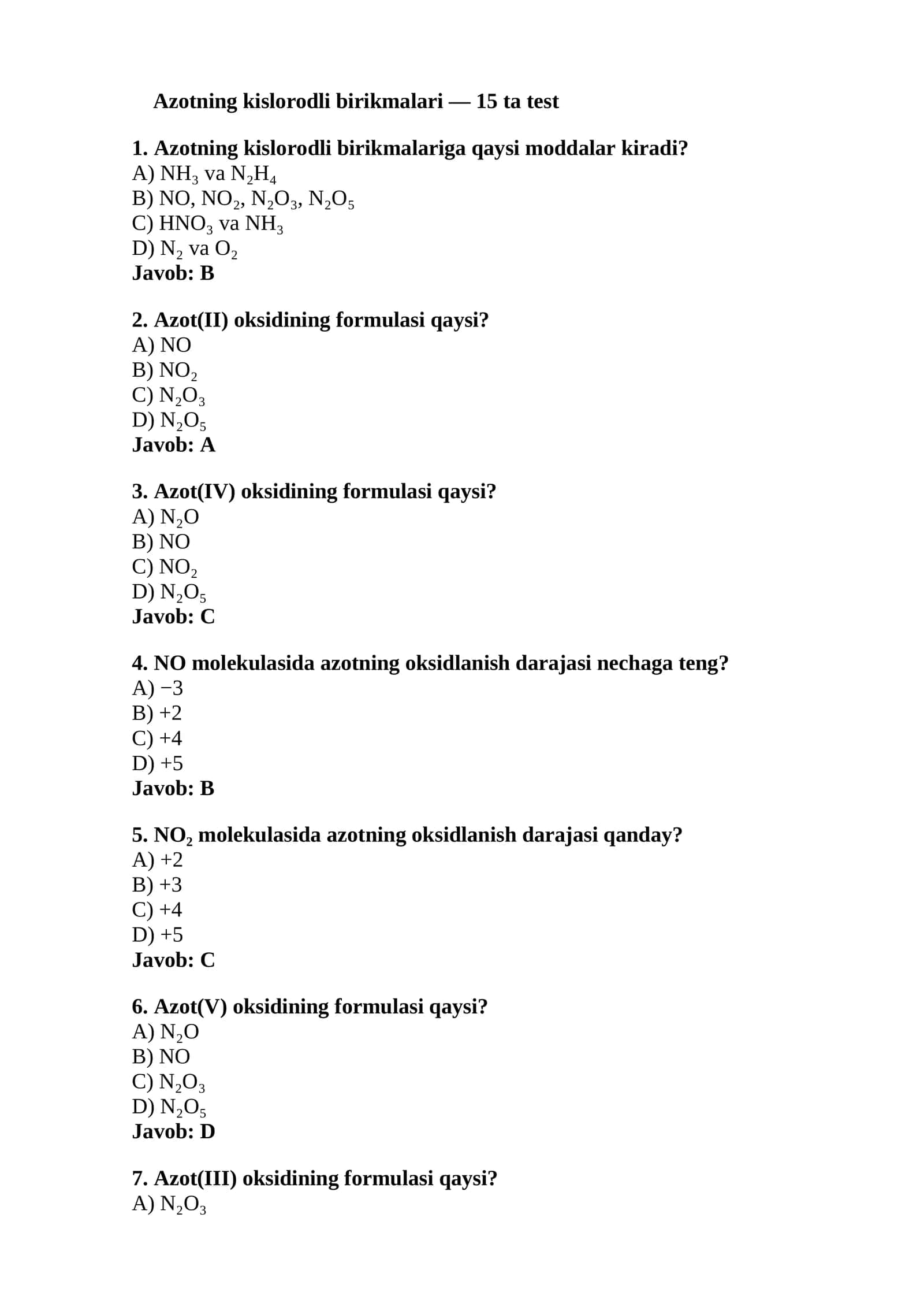 Azotning kislorodli birikmalari testlar