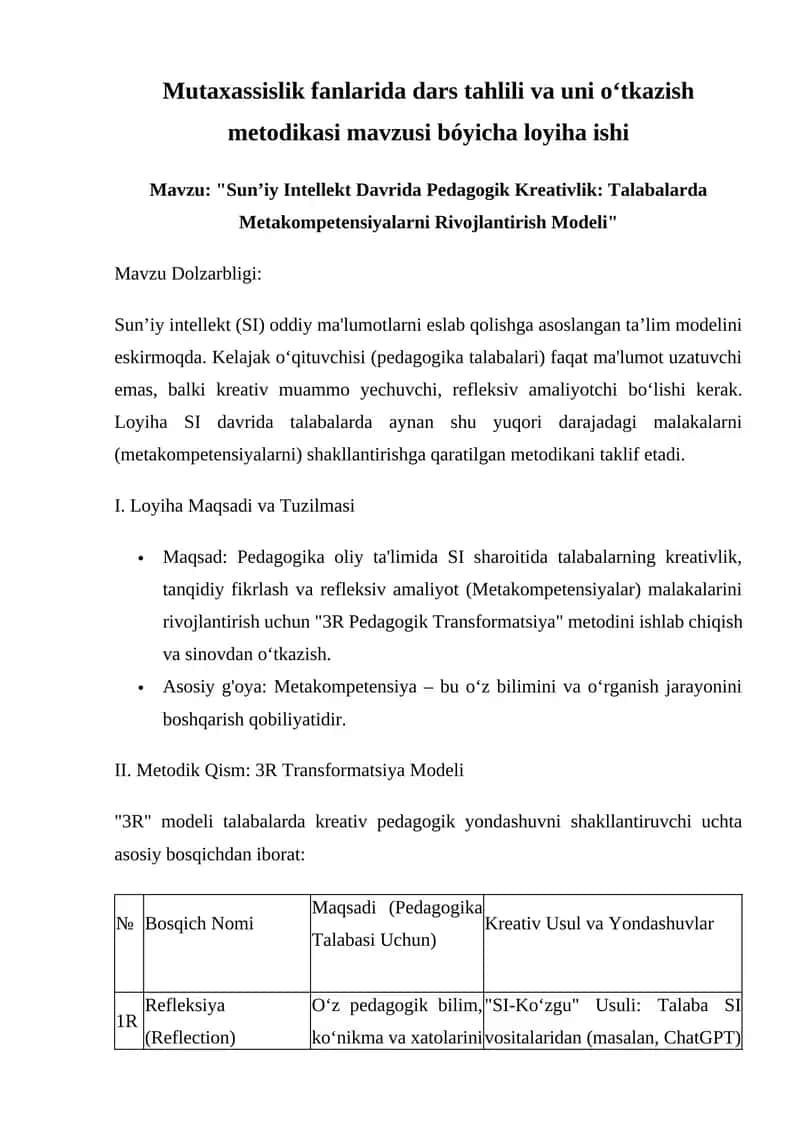 "Sun’iy Intellekt Davrida Pedagogik Kreativlik: Talabalarda Metakompetensiyalarni Rivojlantirish Modeli"