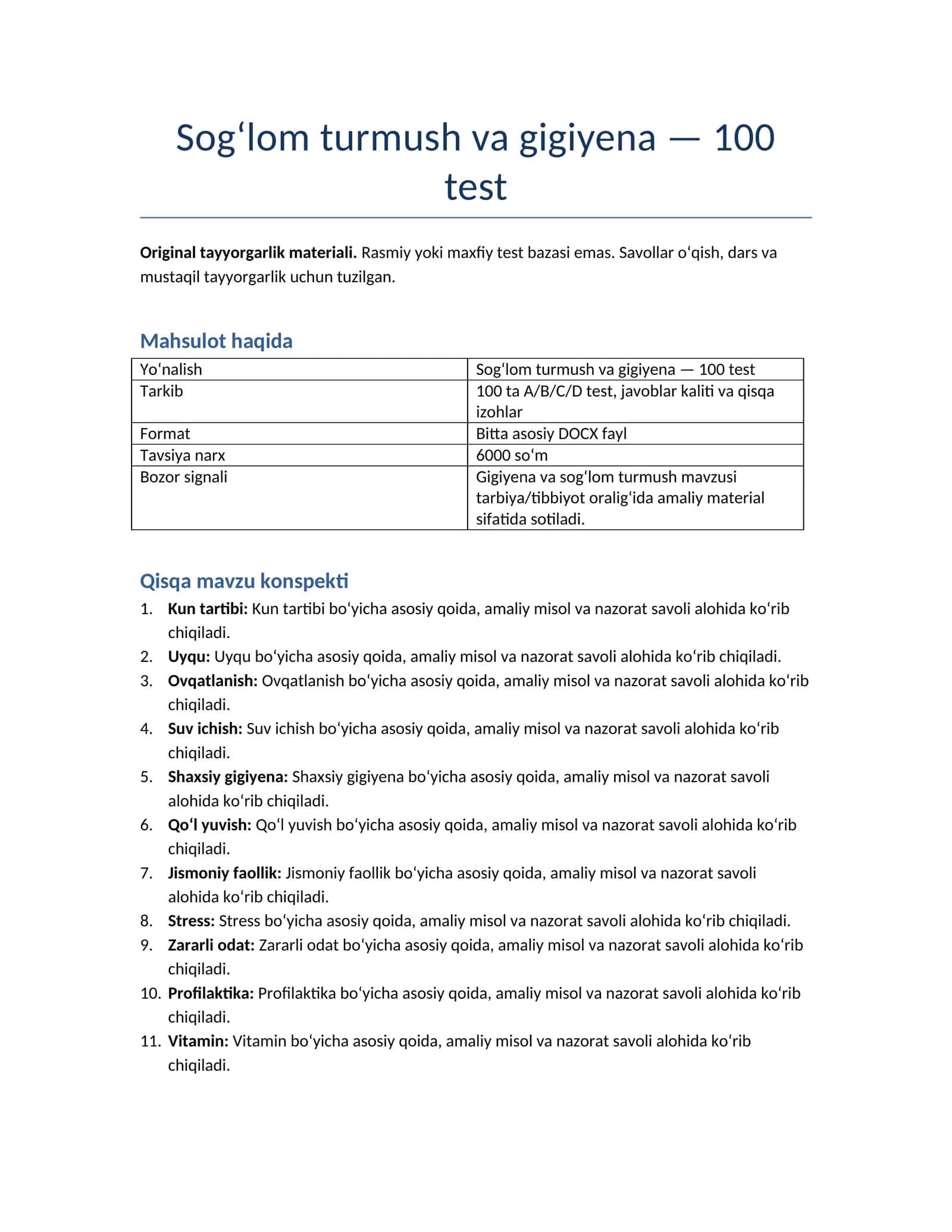 Sog‘lom turmush va gigiyena — 100 test