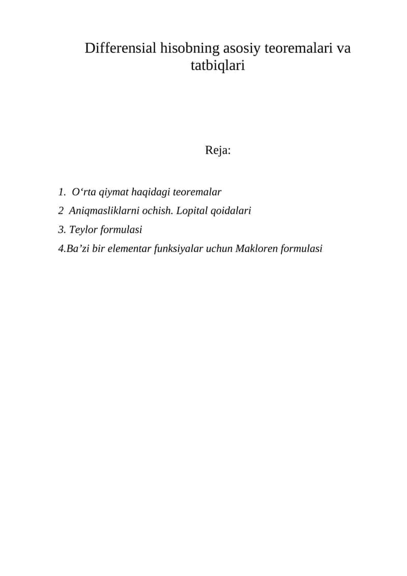 Differensial hisobning asosiy teoremalari va tatbiqlari