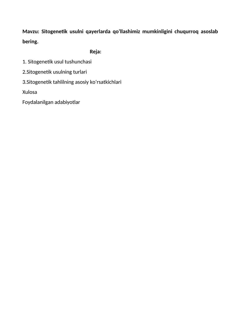 Sitogenetik Usulning Asosiy Ko'rsatkichlari