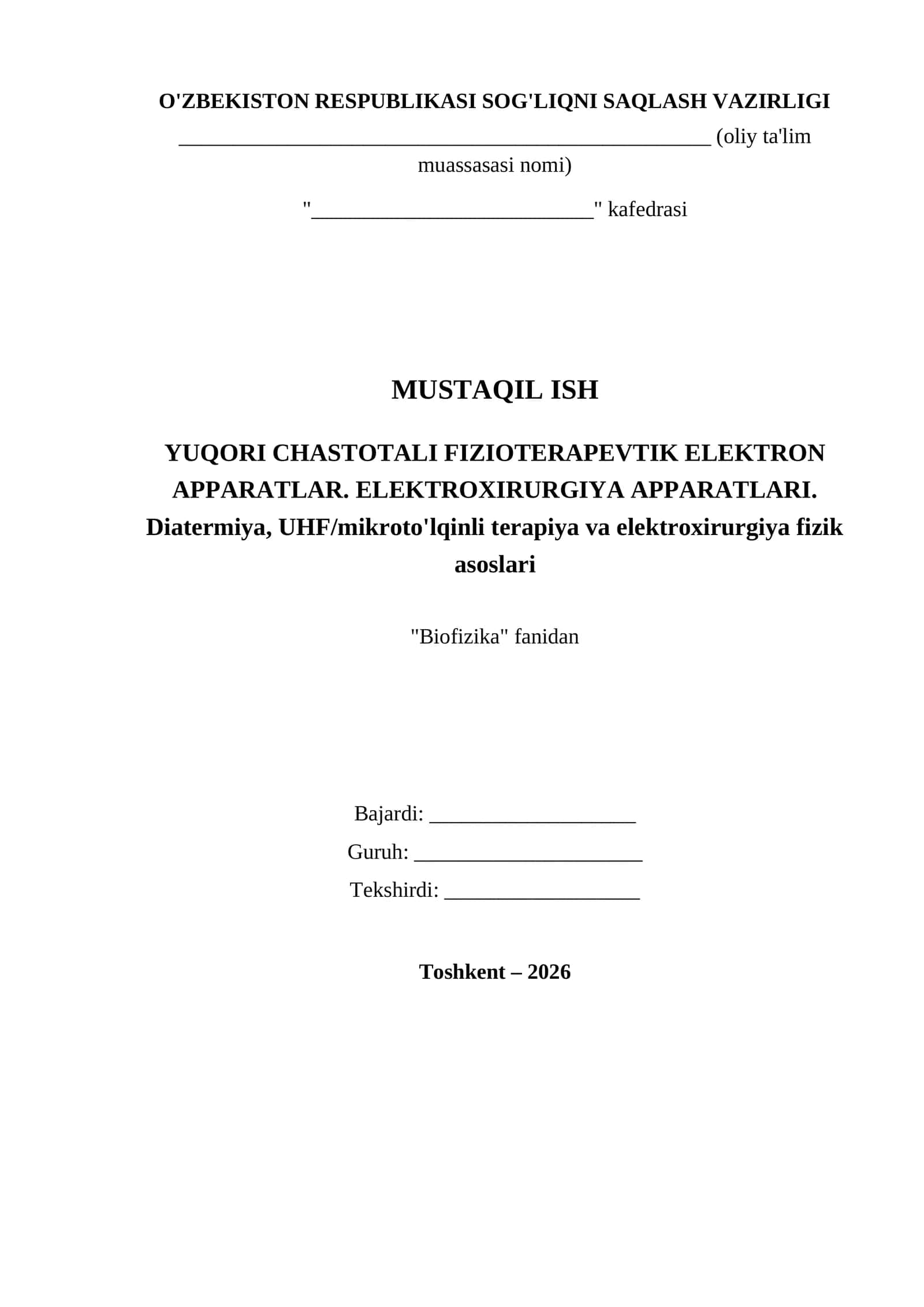 YUQORI CHASTOTALI FIZIOTERAPEVTIK ELEKTRON APPARATLAR. ELEKTROXIRURGIYA APPARATLARI