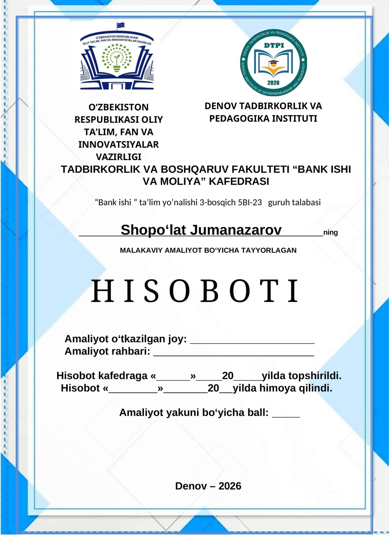Abgrobok hamda ATB "Agrobank" DENOV MALAKAVIY AMALIYOT BOʻYICHA TAYYORLAGAN H I S O B O T I