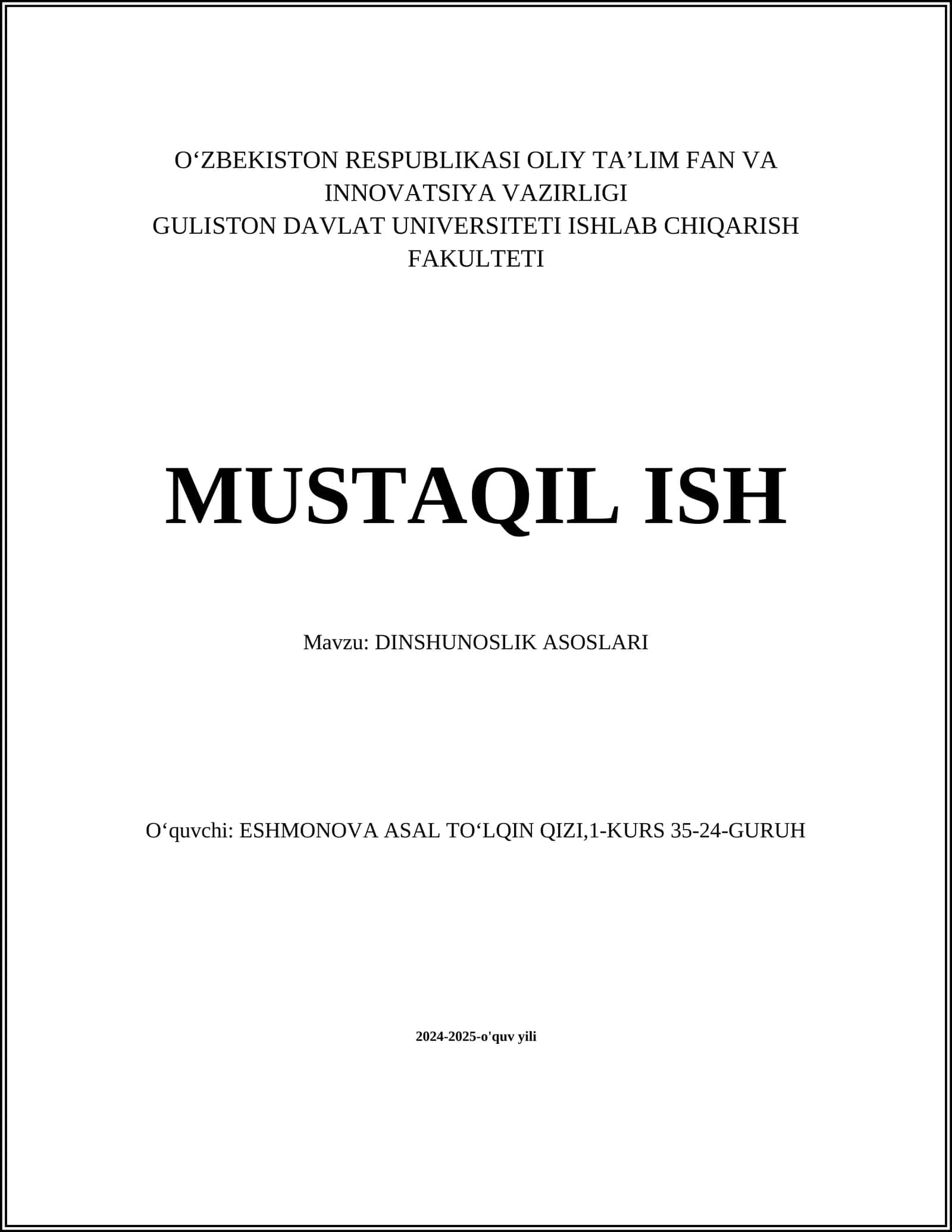 DINSHUNOSLIK ASOSLARI
