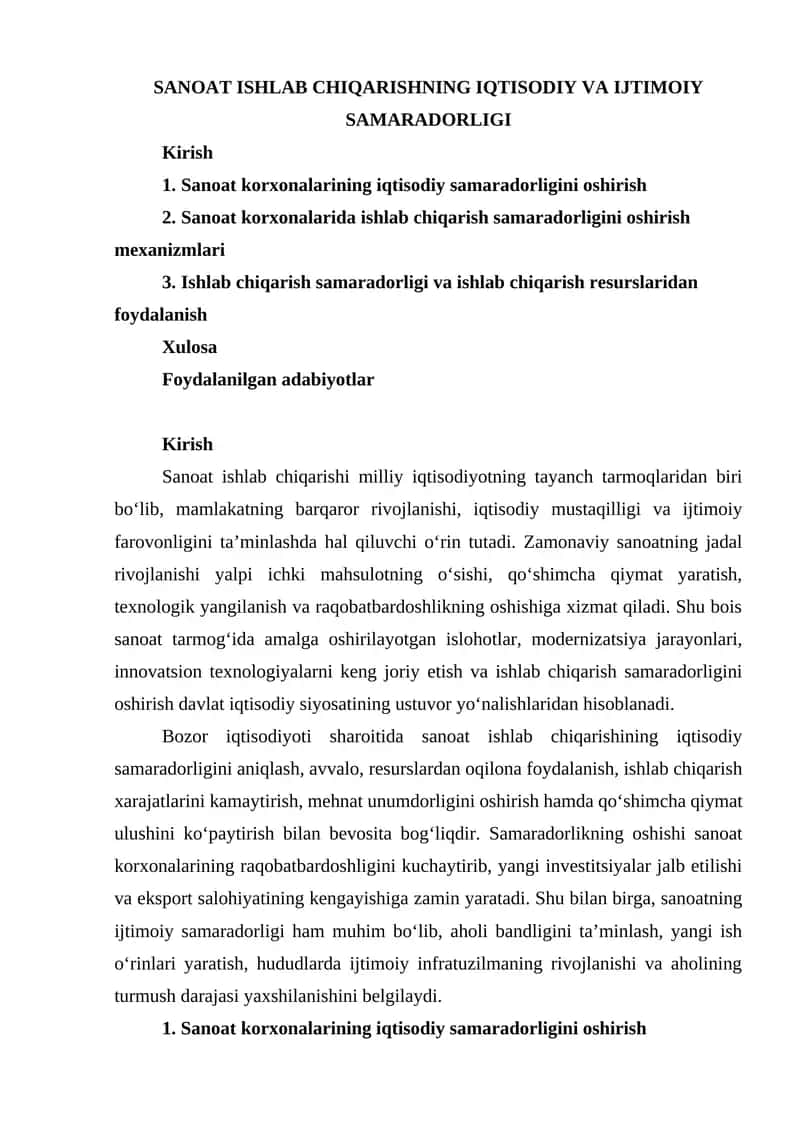 SANOAT ISHLAB CHIQARISHNING IQTISODIY VA IJTIMOIY SAMARADORLIGI