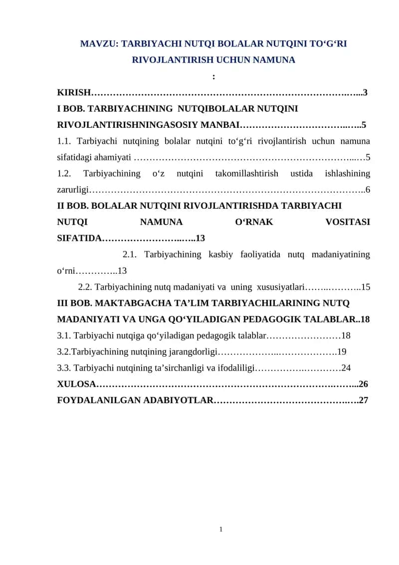TARBIYACHI NUTQI BOLALAR NUTQINI TO‘G‘RI RIVOJLANTIRISH UCHUN NAMUNA
