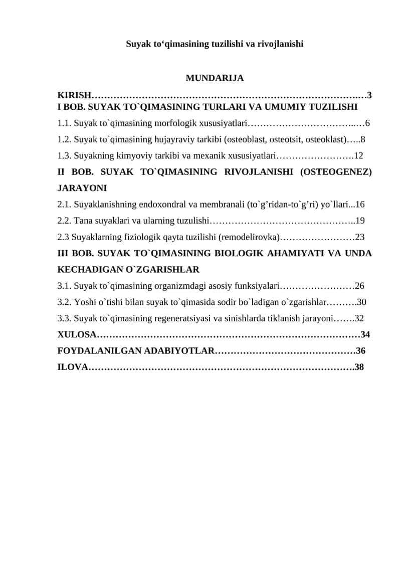 Suyak to'qimasining tuzilishi va rivojlanishi