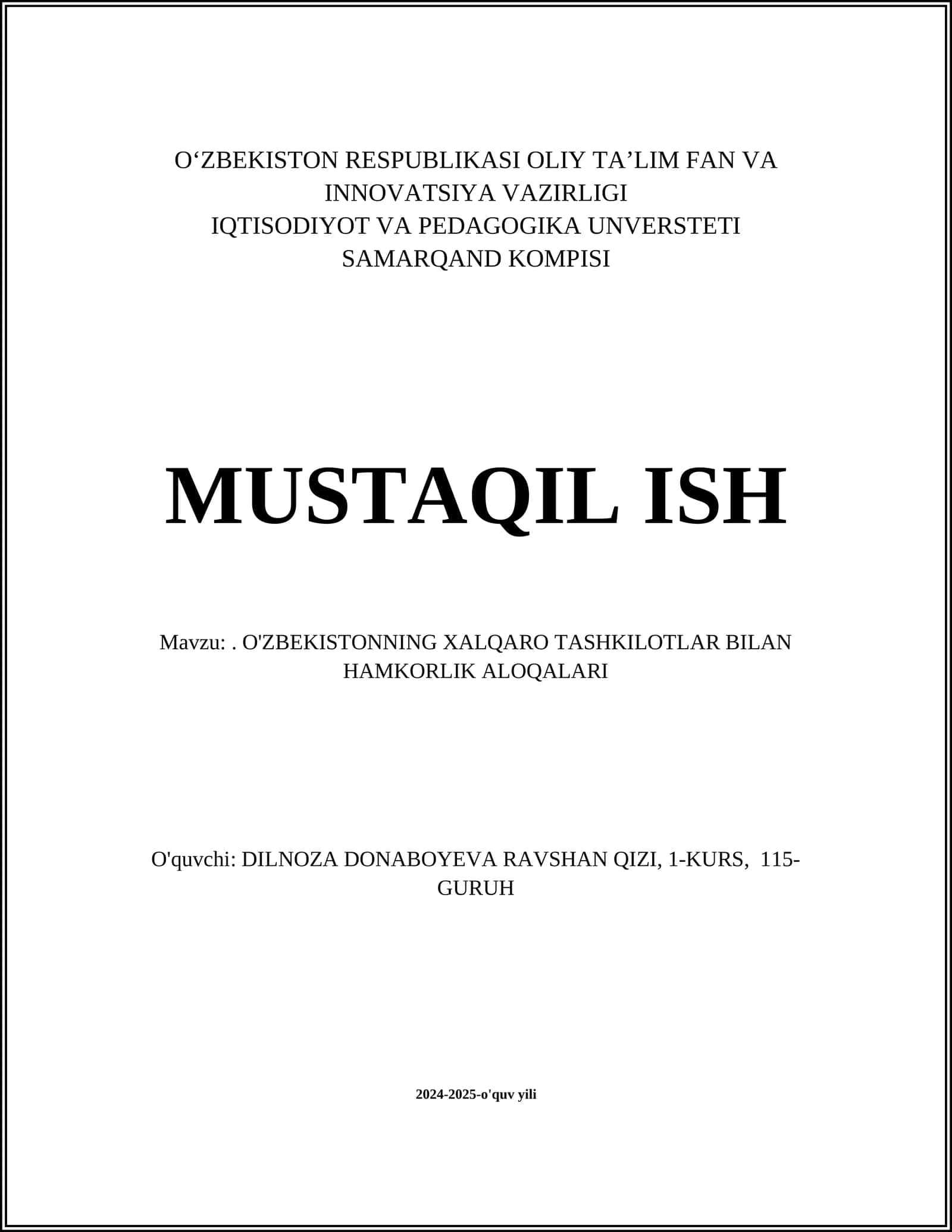 O'zbekistonning Xalqaro Tashkilotlar Bilan Hamkorlik Aloqalari