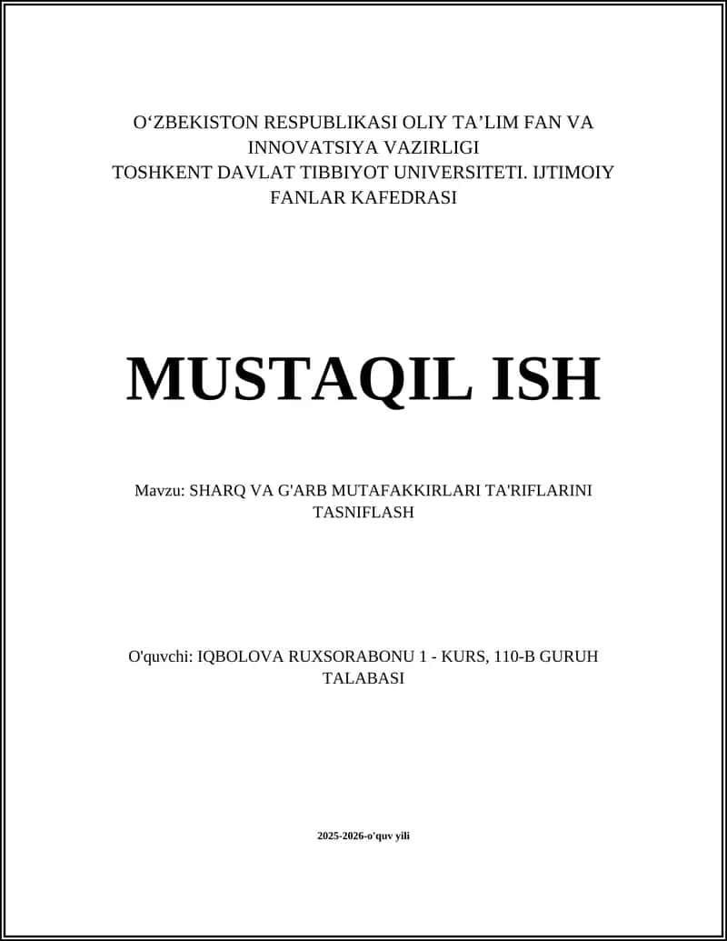SHARQ VA G'ARB MUTAFAKKIRLARI TA'RIFLARINI TASNIFLASH