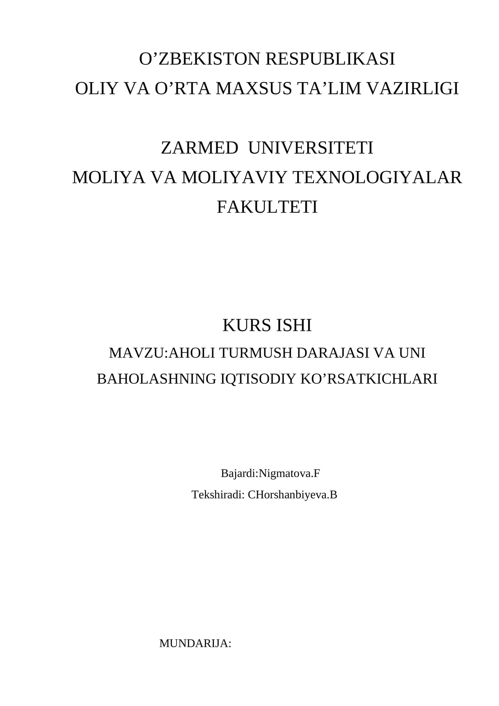 Aholi turmush darajasi va uni baholashning iqtisodiy ko'rsatkichlari