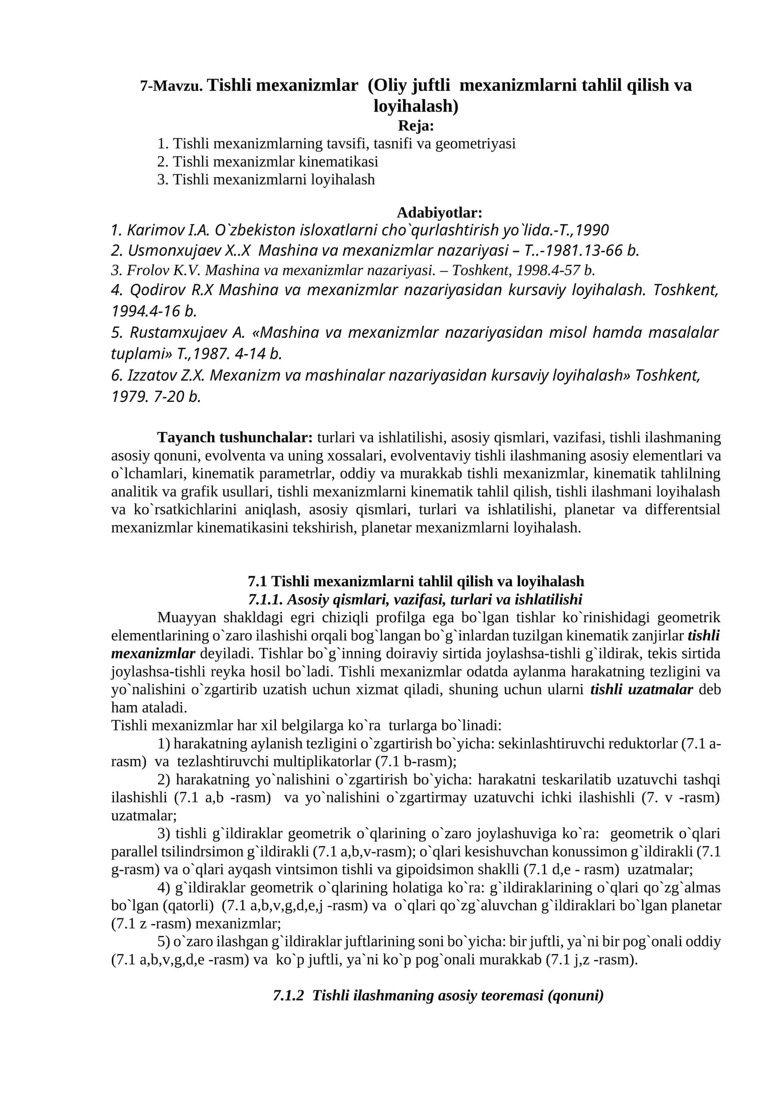 Tishli mехаnizmlаr (Oliy juftli mexanizmlarni tahlil qilish va loyihalash)