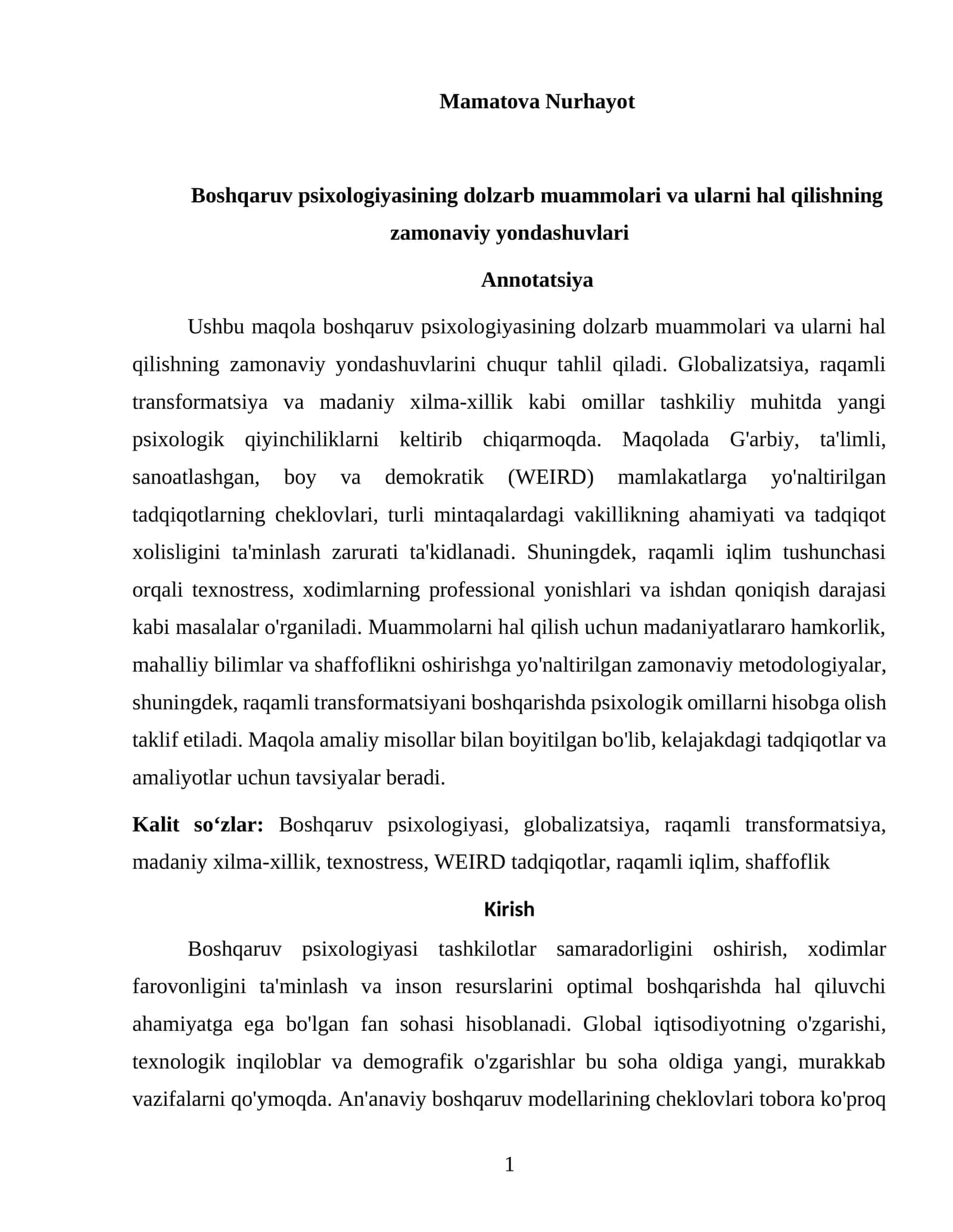 Boshqaruv psixologiyasining dolzarb muammolari va ularni hal qilishning zamonaviy yondashuvlari