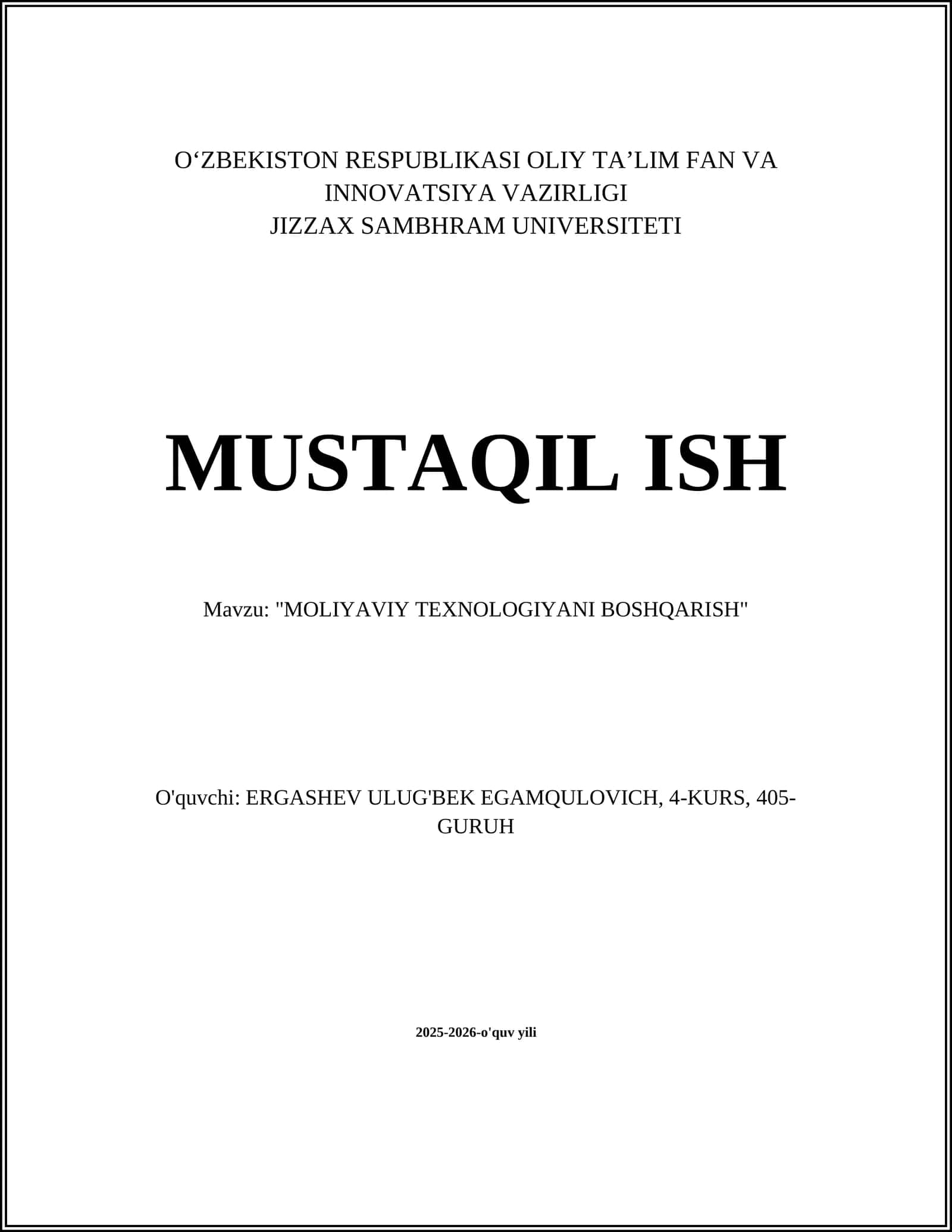 "MOLIYAVIY TEXNOLOGIYANI BOSHQARISH"