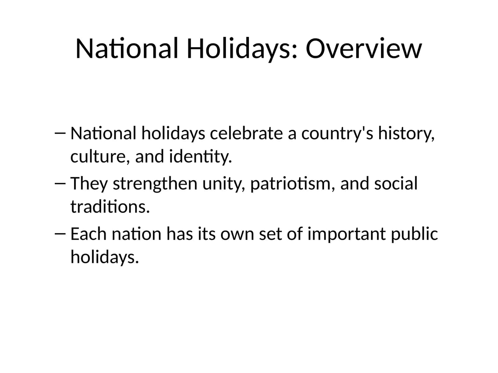 National Holidays: Overview