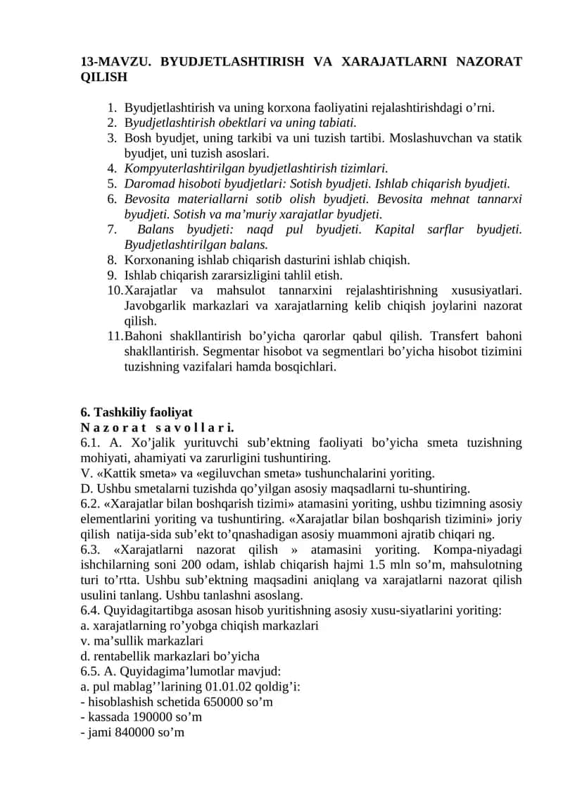 BYUDJETLASHTIRISH VA XARAJATLARNI NAZORAT QILISH