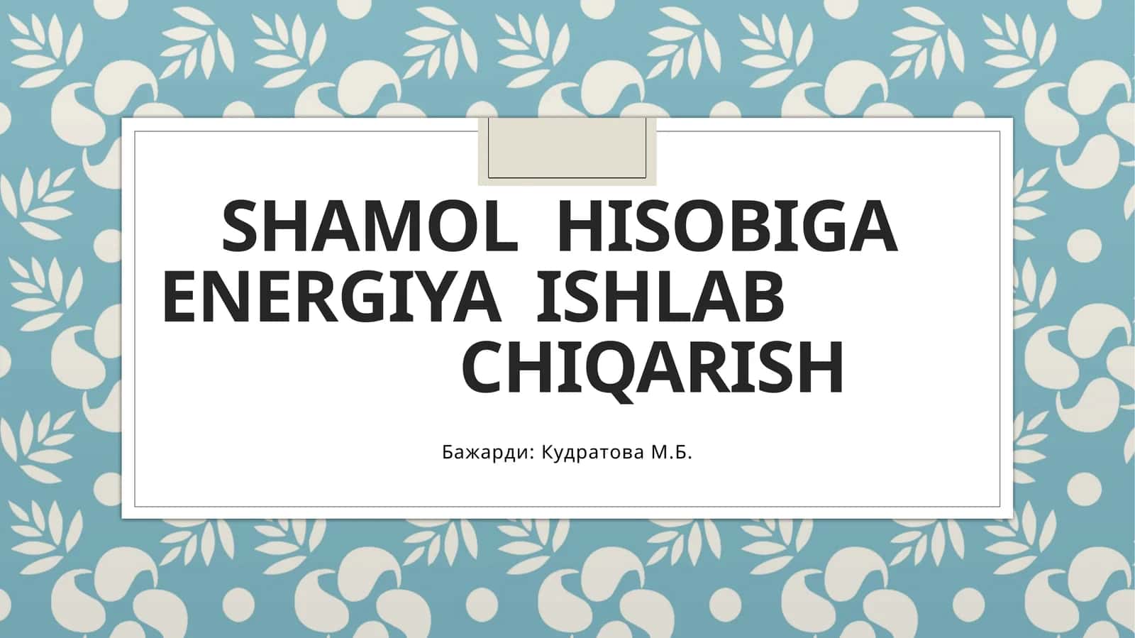 SHAMOL HISOBIGA ENERGIYA ISHLAB CHIQARISH