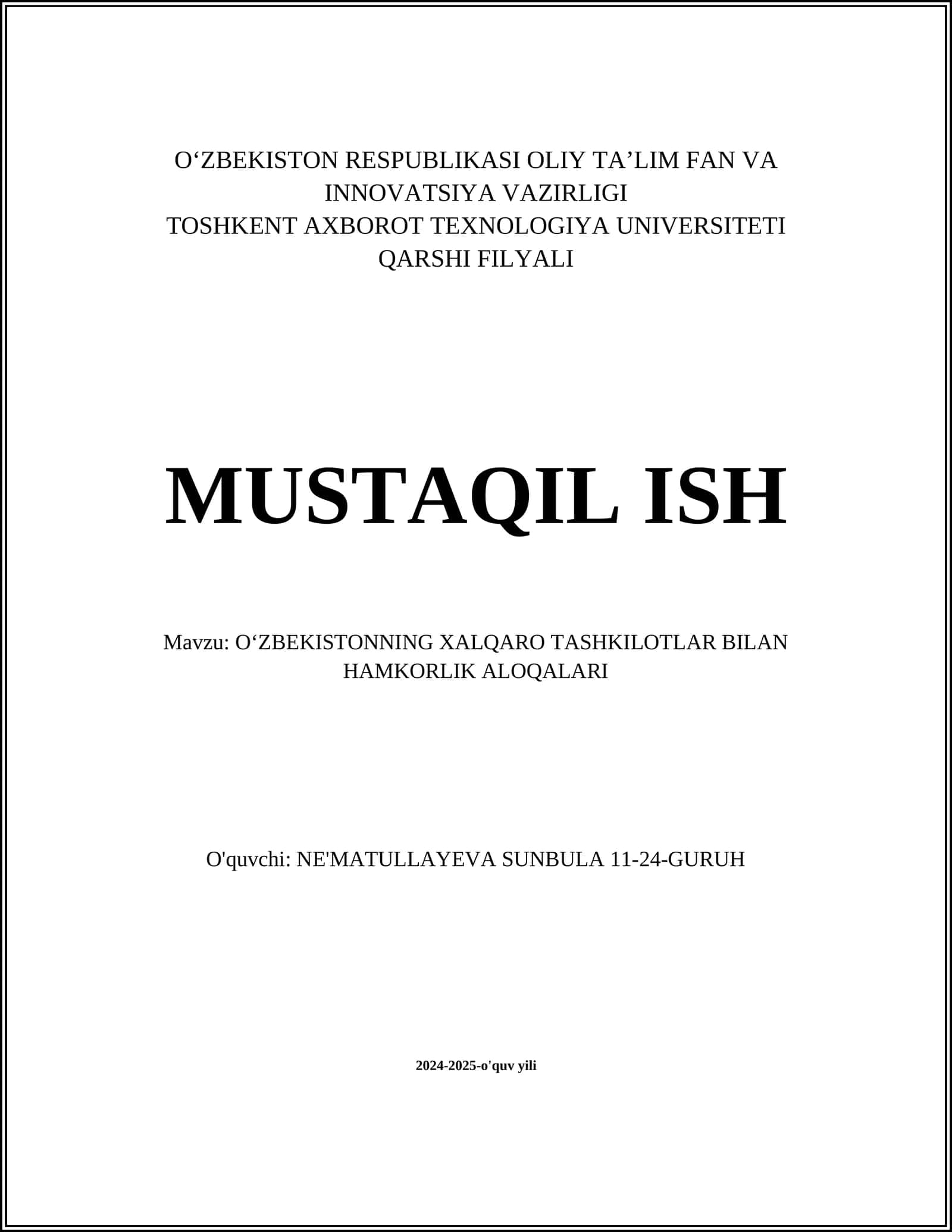OʻZBEKISTONNING XALQARO TASHKILOTLAR BILAN HAMKORLIK ALOQALARI