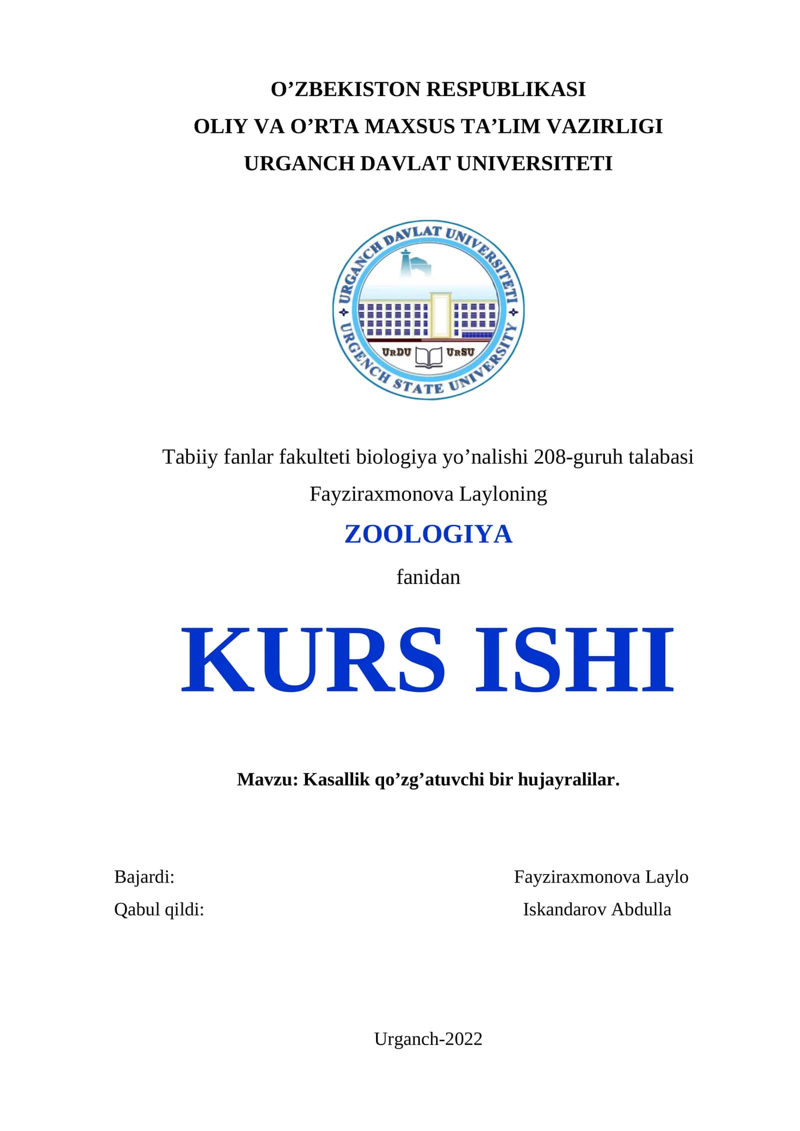 Kasallik qo’zg’atuvchi bir hujayralilar KURS ISHI