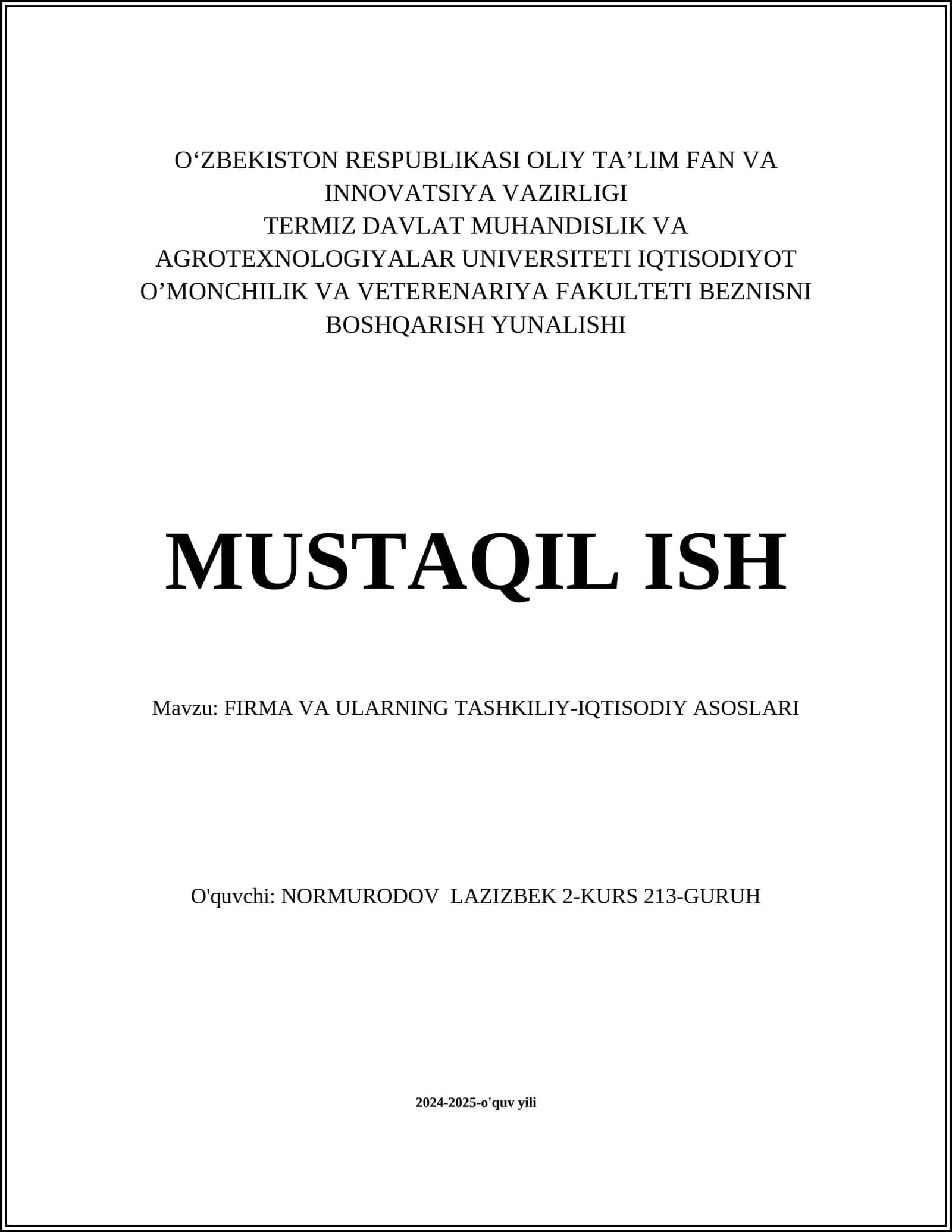 FIRMA VA ULARNING TASHKILIY-IQTISODIY ASOSLARI