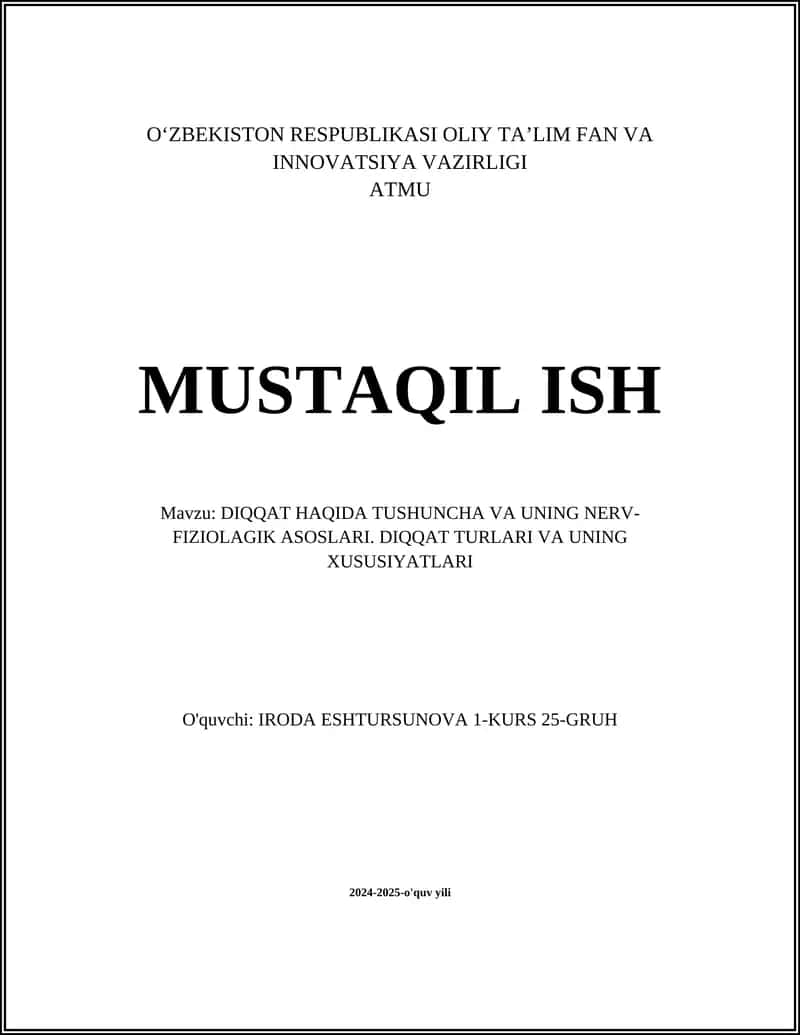 DIQQAT HAQIDA TUSHUNCHA VA UNING NERV-FIZIOLAGIK ASOSLARI