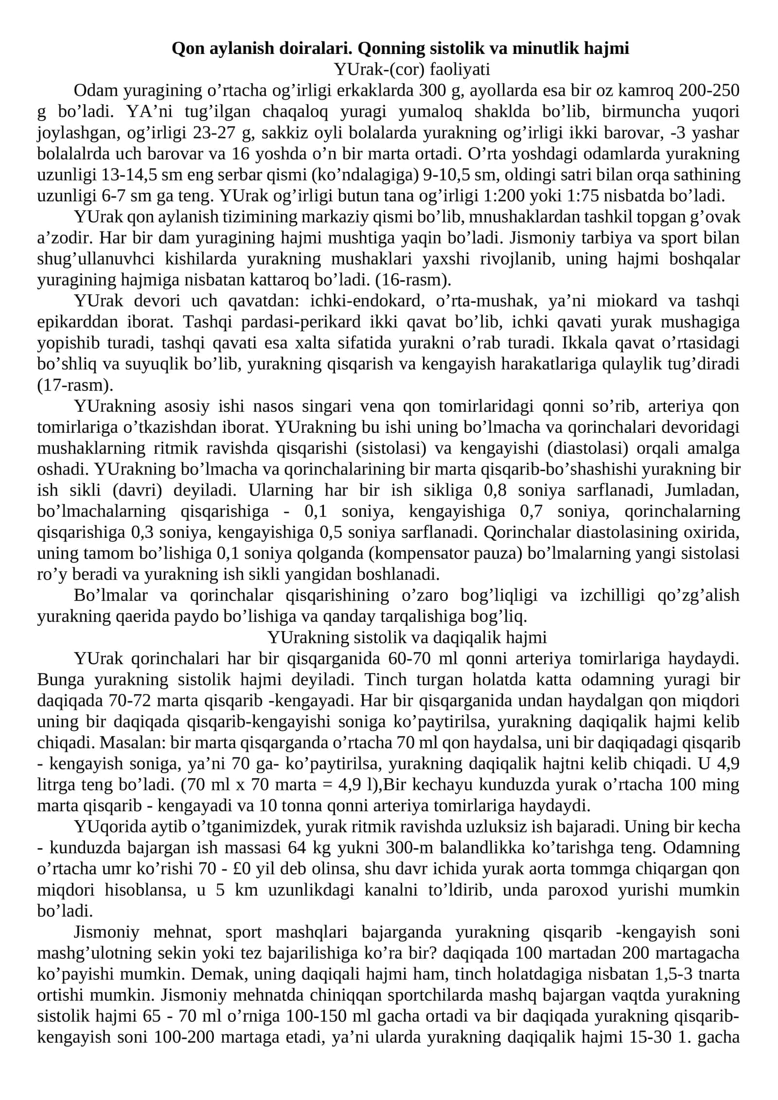 Qоn аylаnish dоirаlаri. Qоnning sistоlik vа minutlik hаjmi